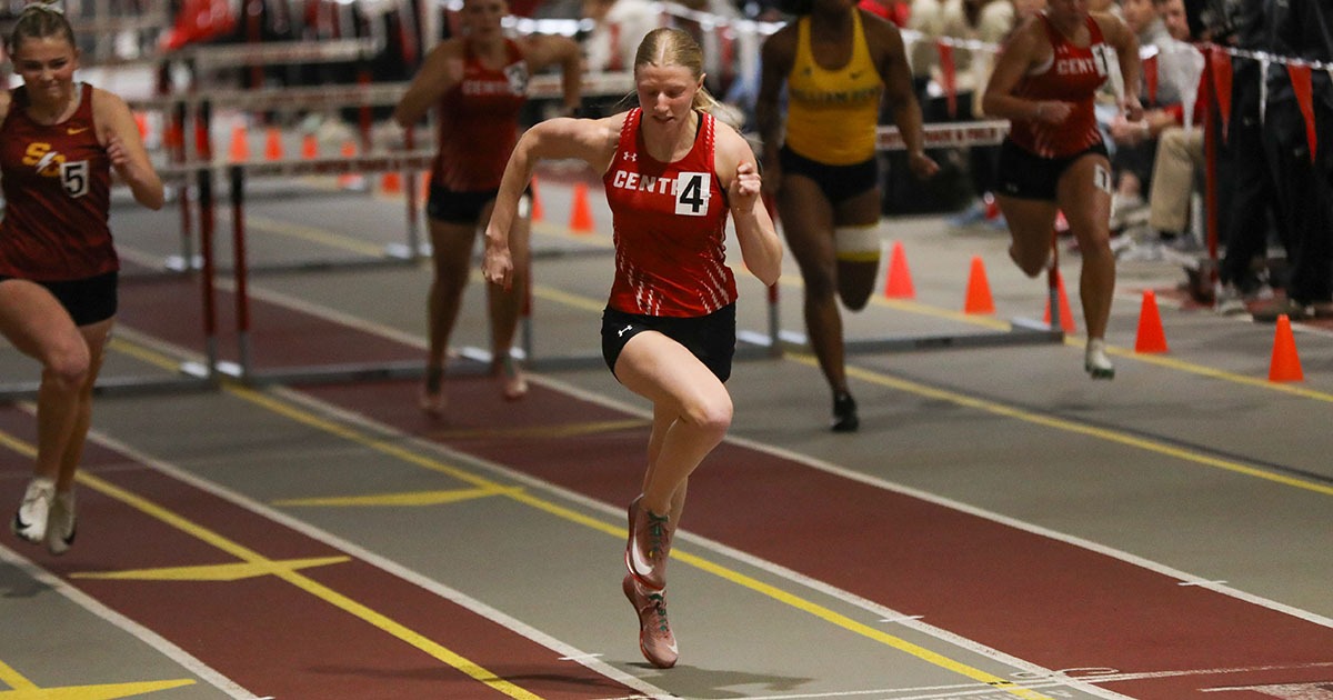 Olivia Bohlen finishes a hurdles race