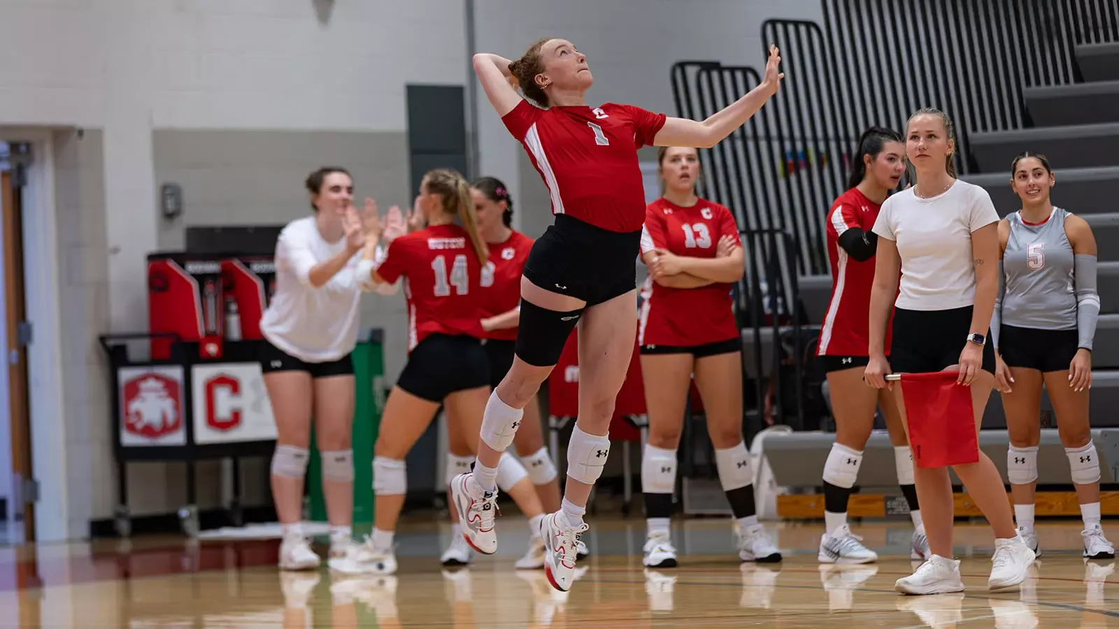 Cecilia Klein serving volleyball match against Luther College