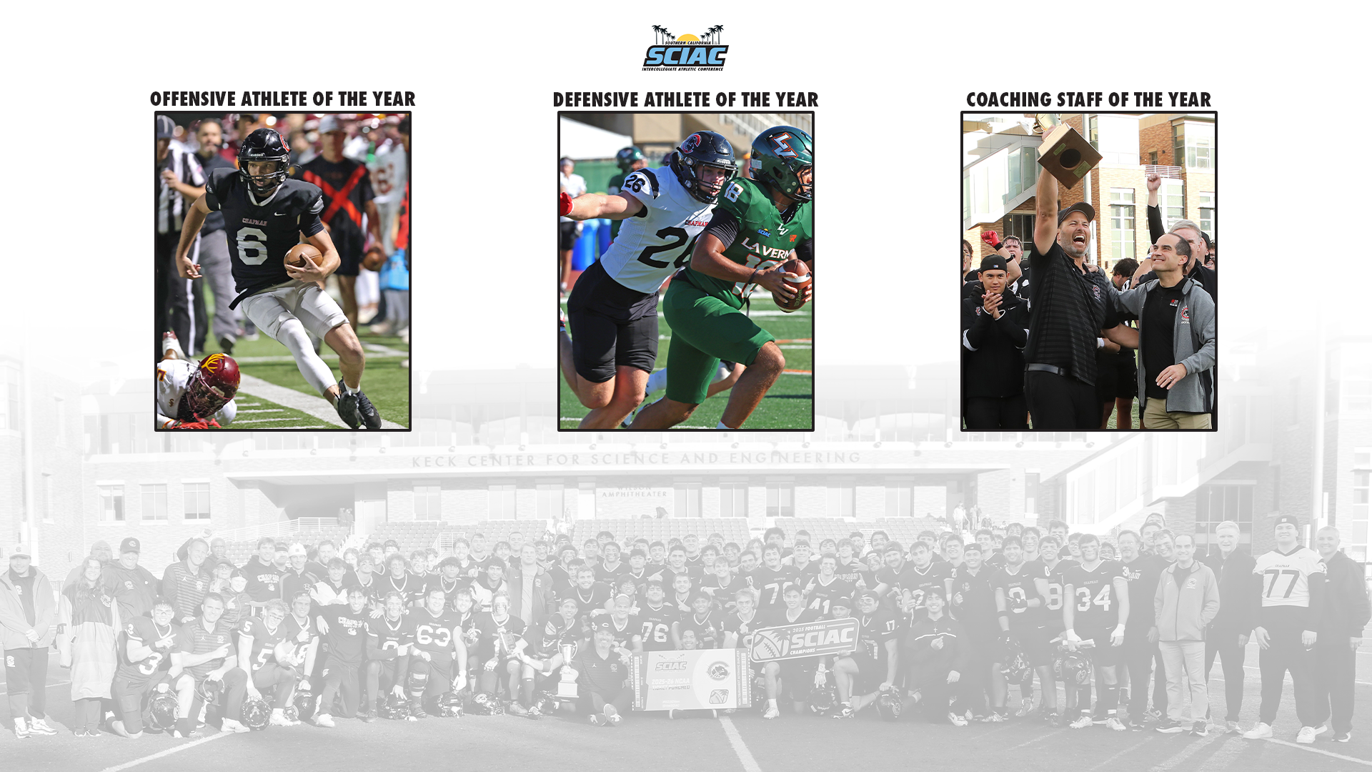 Graphic with white background featuring Tyler Pacheco running, Tate Zimmerman tackling, and Casey Shine lifting the trophy.