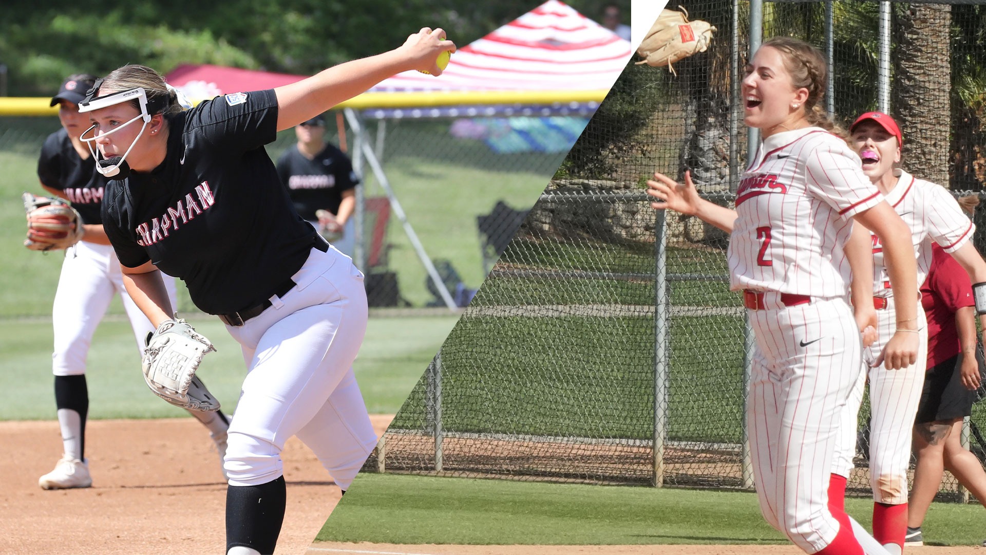 Split screen of Jillian Kelly and Rose Malen on the softball field.