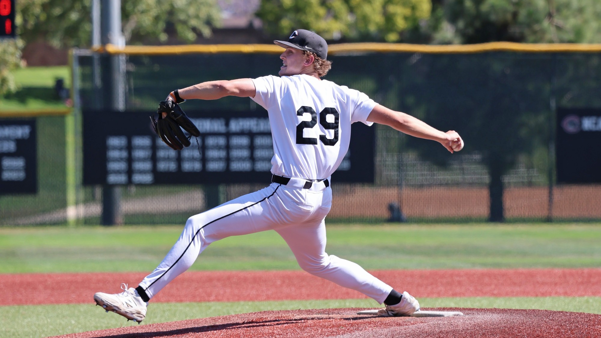 Luke Bradley throws a pitch on the baseball field. 
