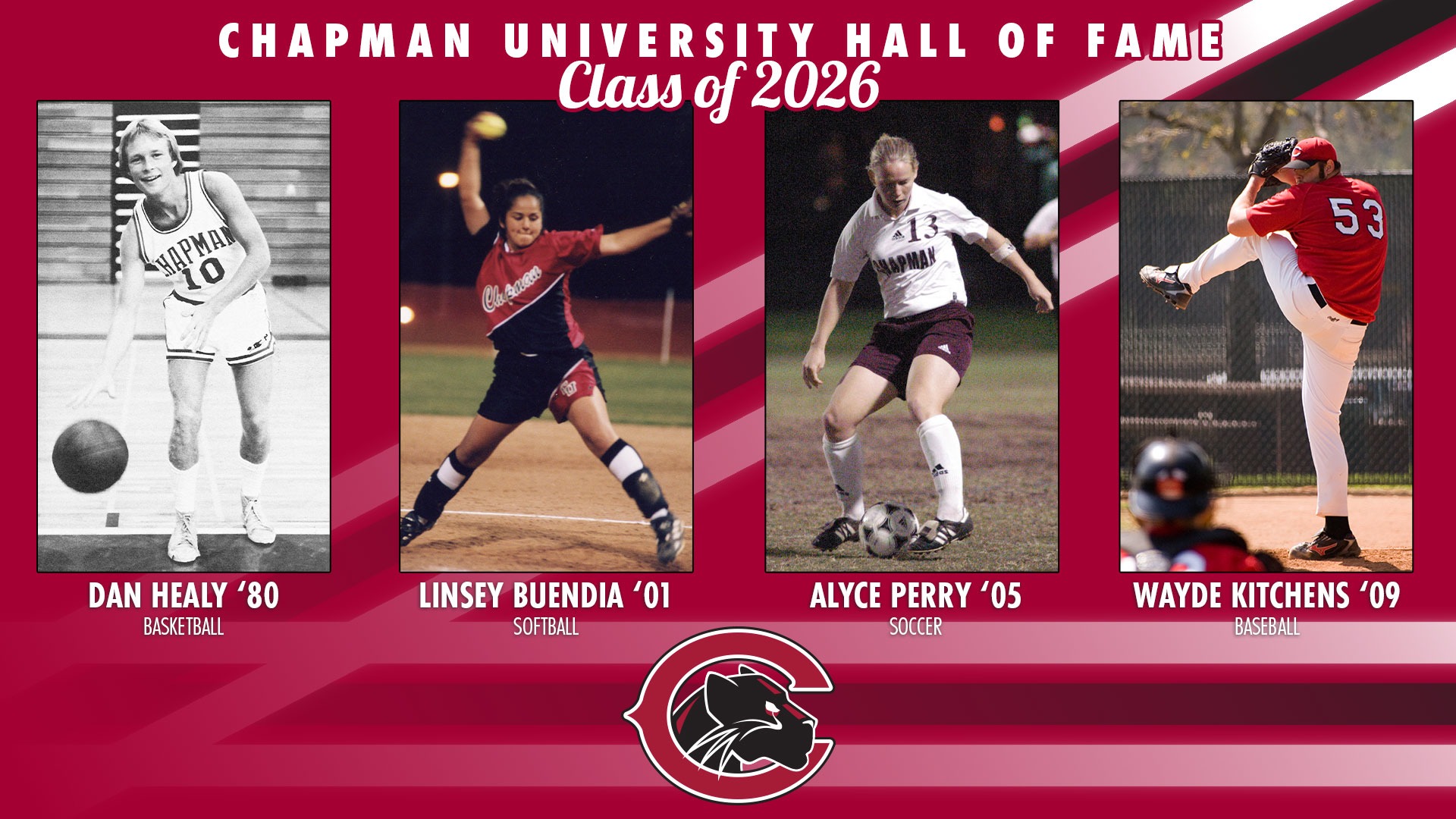 A red graphic with action pictures of four Hall of Fame inductees as student-athletes at Chapman.