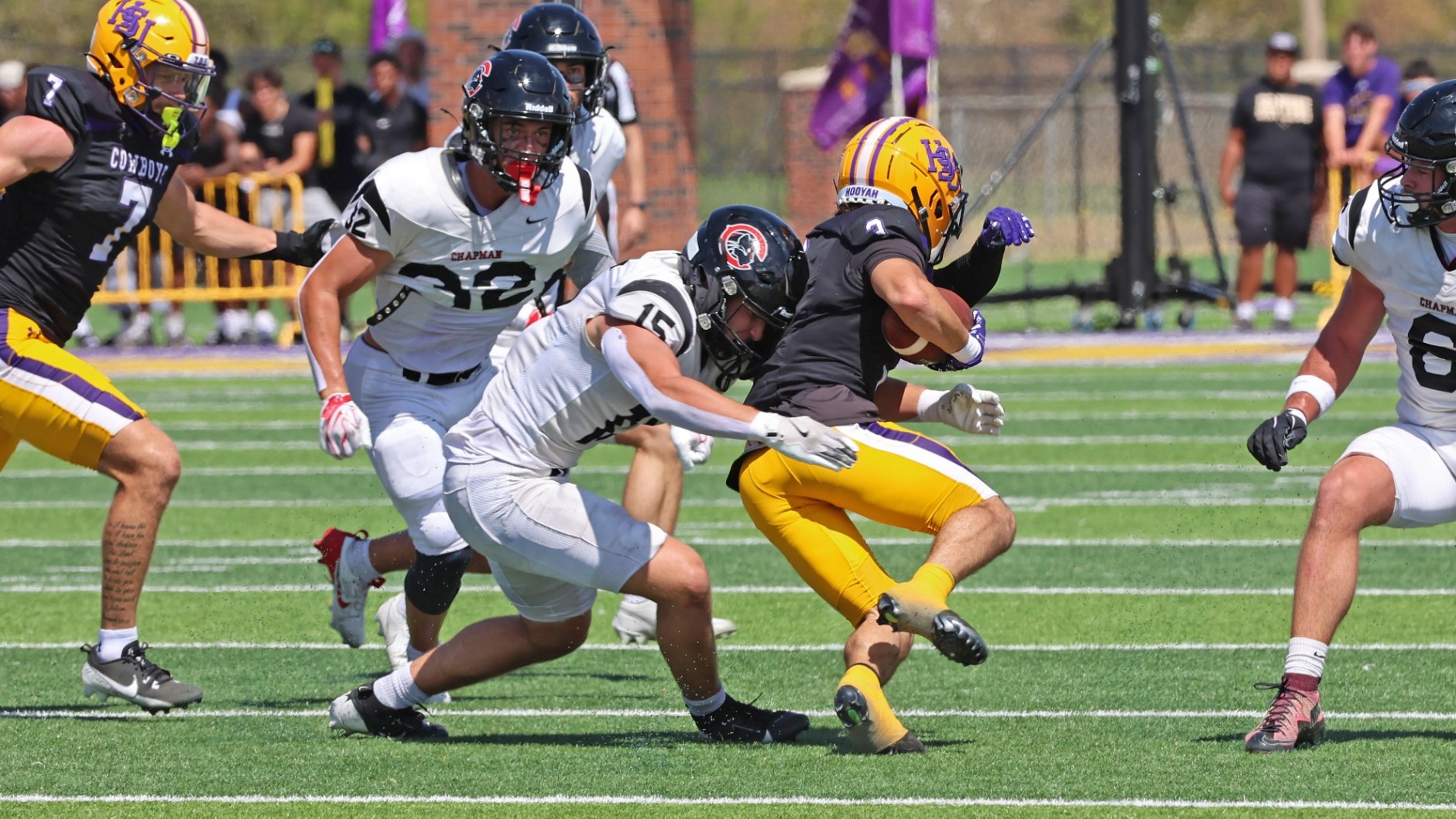 Mason Kubicheck tackles the Hardin-Simmons runner.