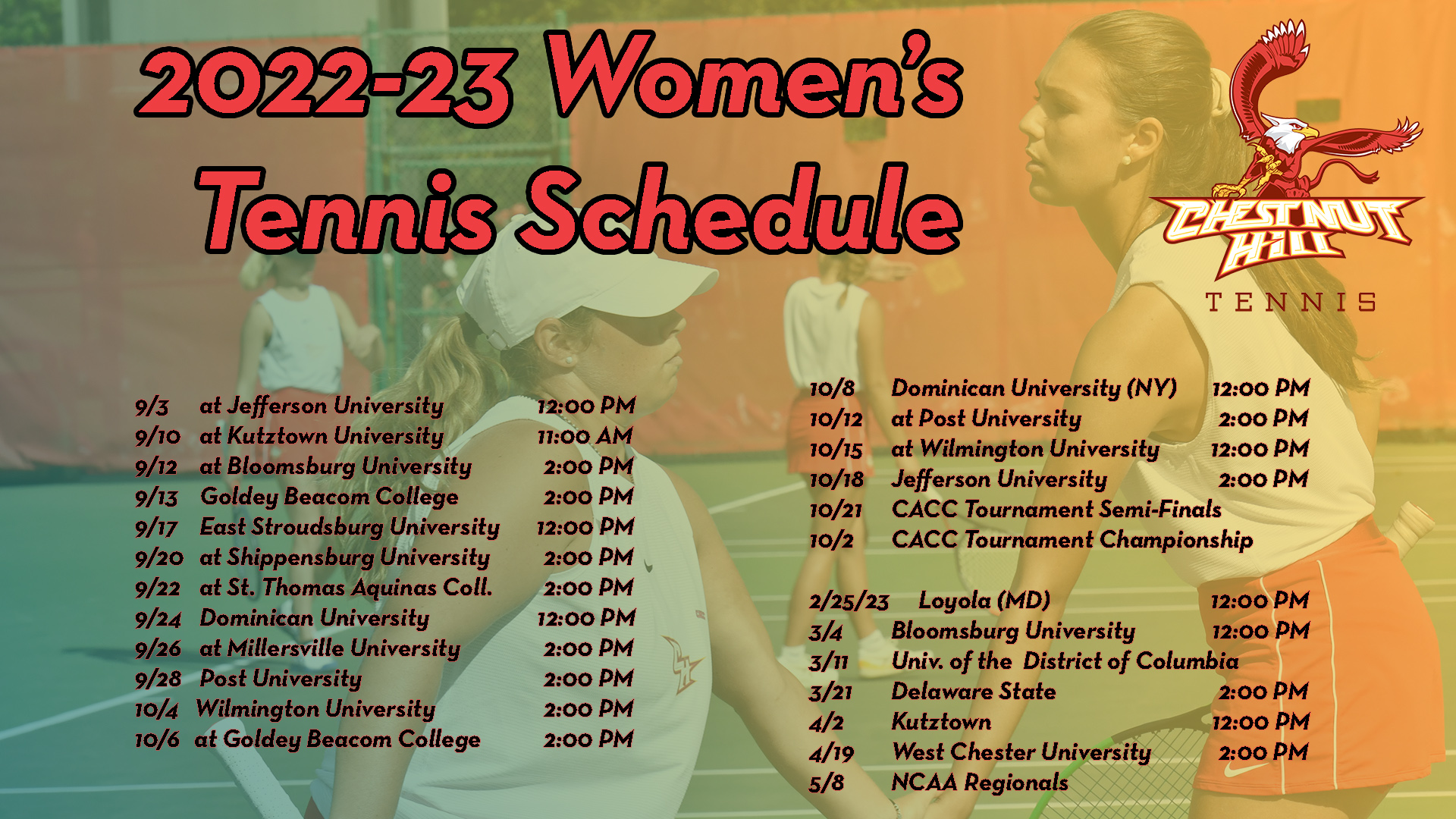 Chestnut Hill College Announces Their 202223 Women's Tennis Schedule