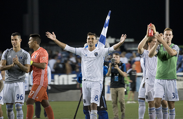 Chris Wondolowski celebrates following the San Jose Earthquakes win at Chico State Alumni Night at Avaya Stadium just ahead of a ceremony in which he became the first Chico State student-athlete inducted into the CCAA Hall of Fame