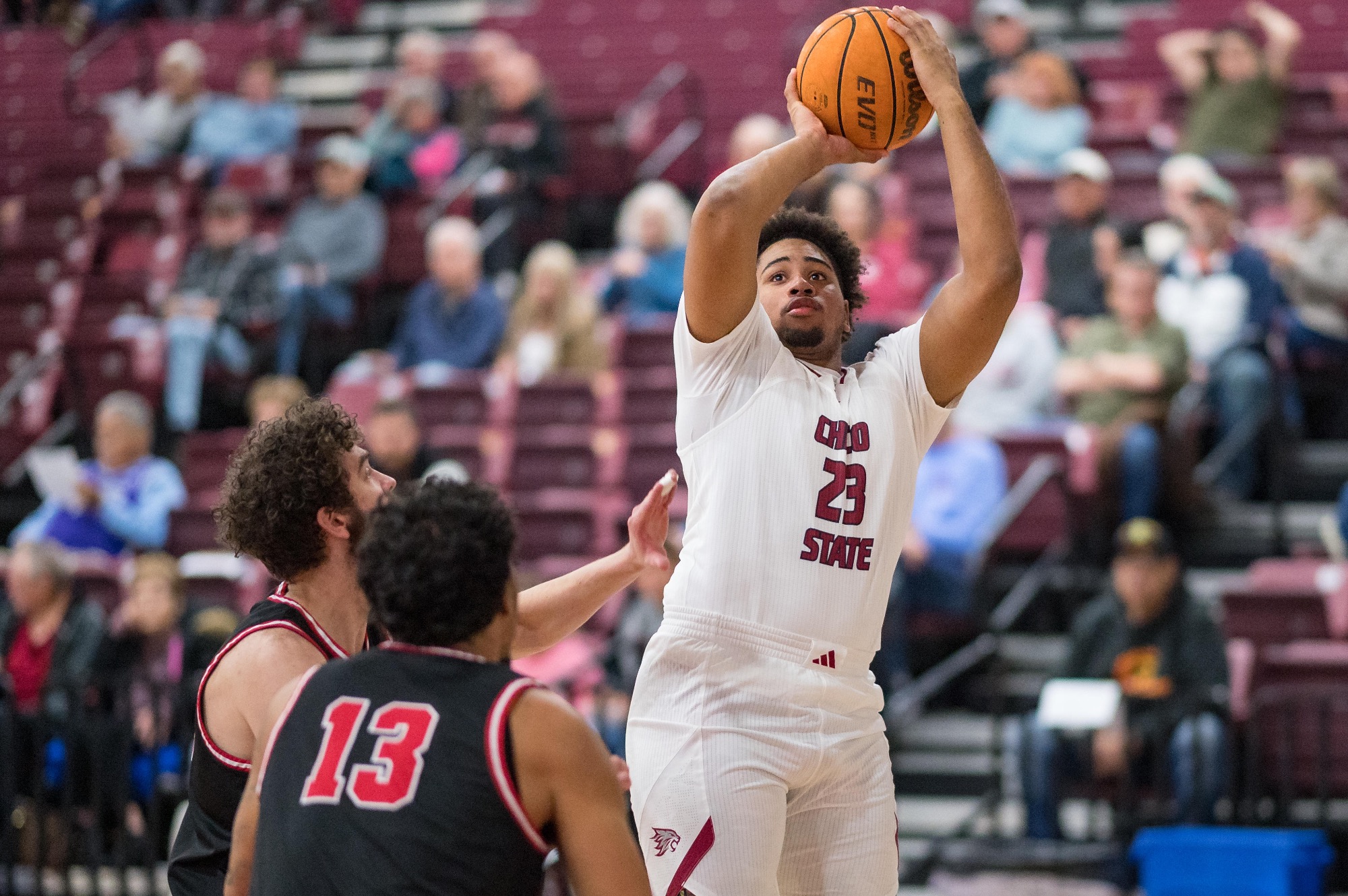 Chico State Wildcats #23 Cortevious Taylor (right) takes a shot against Simpson University Red Hawks in the first half of their Men's Basketball (MBB) game on Wednesday, November 26, 2025 in Chico, Calif.(Jason Halley/University Photographer/Chico State)