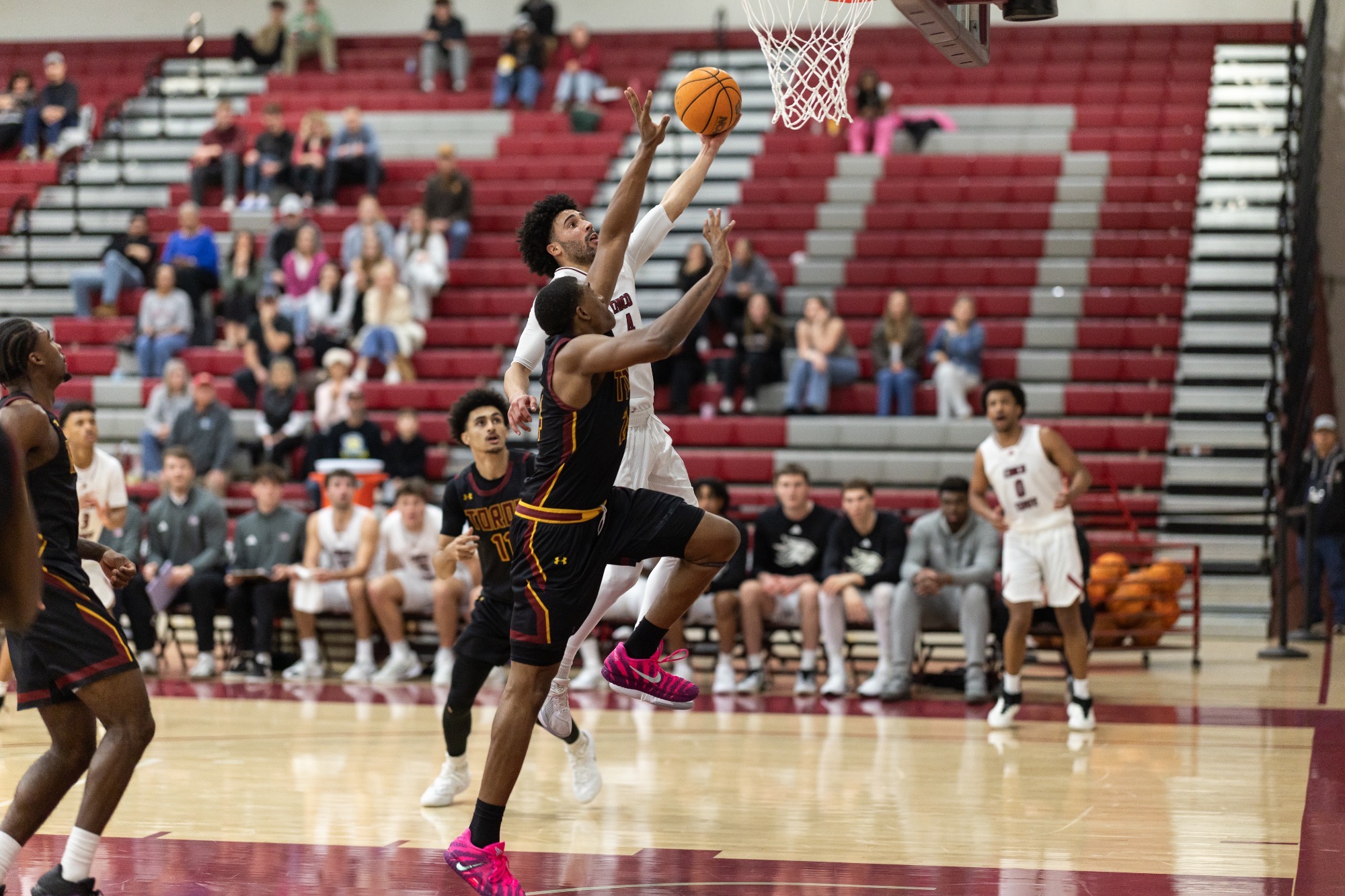 Chris Holly going up against CSUDH player at the basket