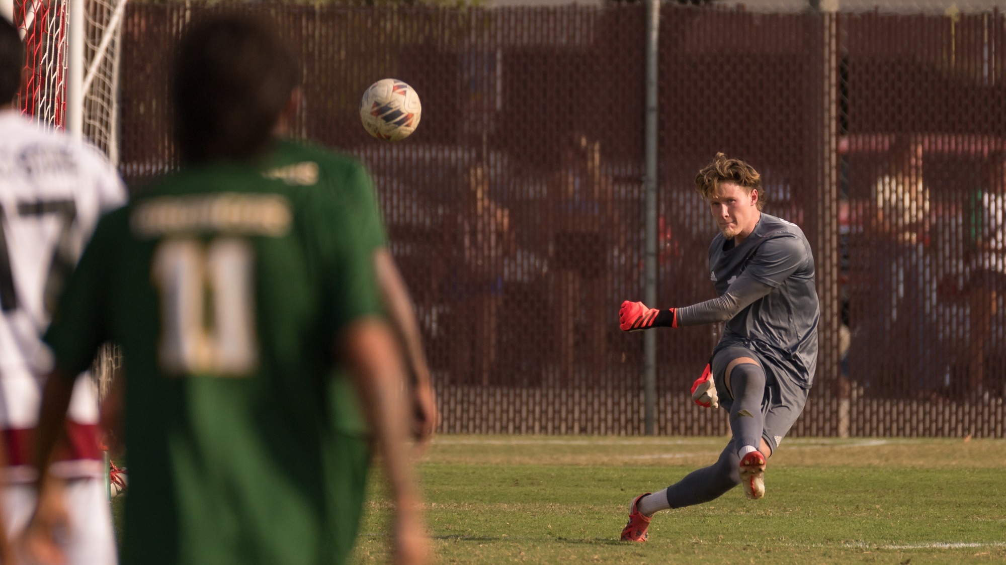 Chico State Wildcats’ #1 Nickolas Molina kicks away against Cal Poly Pomona Broncos in the first half of their Men's Soccer (MSOC) game on Friday, October 2, 2026 in Chico, Calif.(Jason Halley/University Photographer/Chico State)
