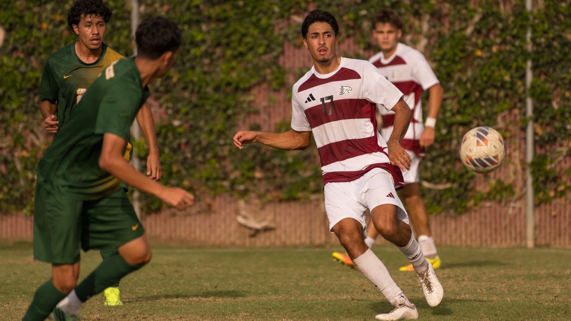 Chico State Wildcats’ #17 Adrian Solis (right) plays against Cal Poly Pomona Broncos in the first half of their Men's Soccer (MSOC) game on Friday, October 2, 2026 in Chico, Calif.(Jason Halley/University Photographer/Chico State)