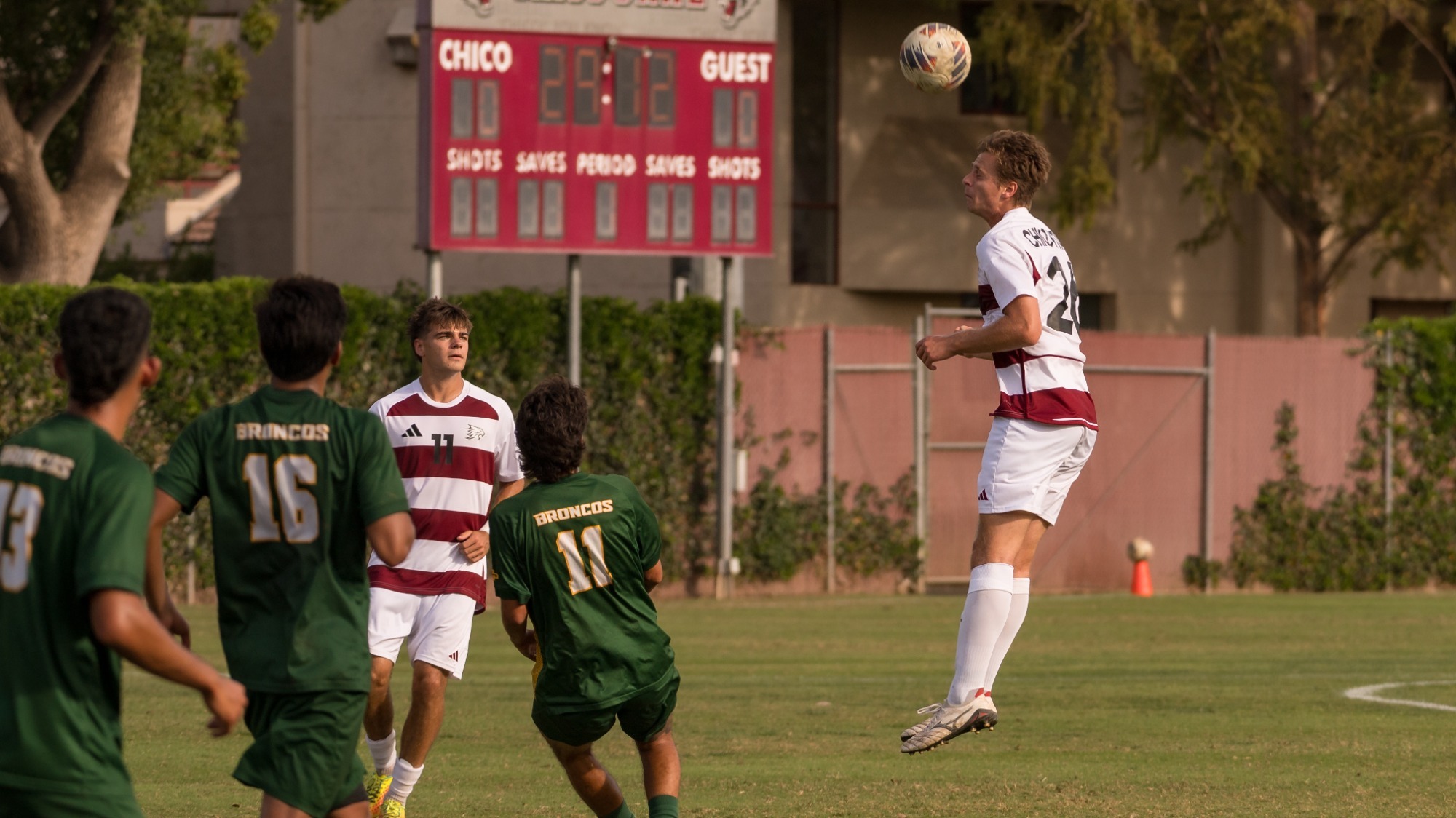 Chico State Wildcats’ #26 Jovan Radovic heads the ball against Cal Poly Pomona Broncos in the first half of their Men's Soccer (MSOC) game on Friday, October 2, 2026 in Chico, Calif.(Jason Halley/University Photographer/Chico State)