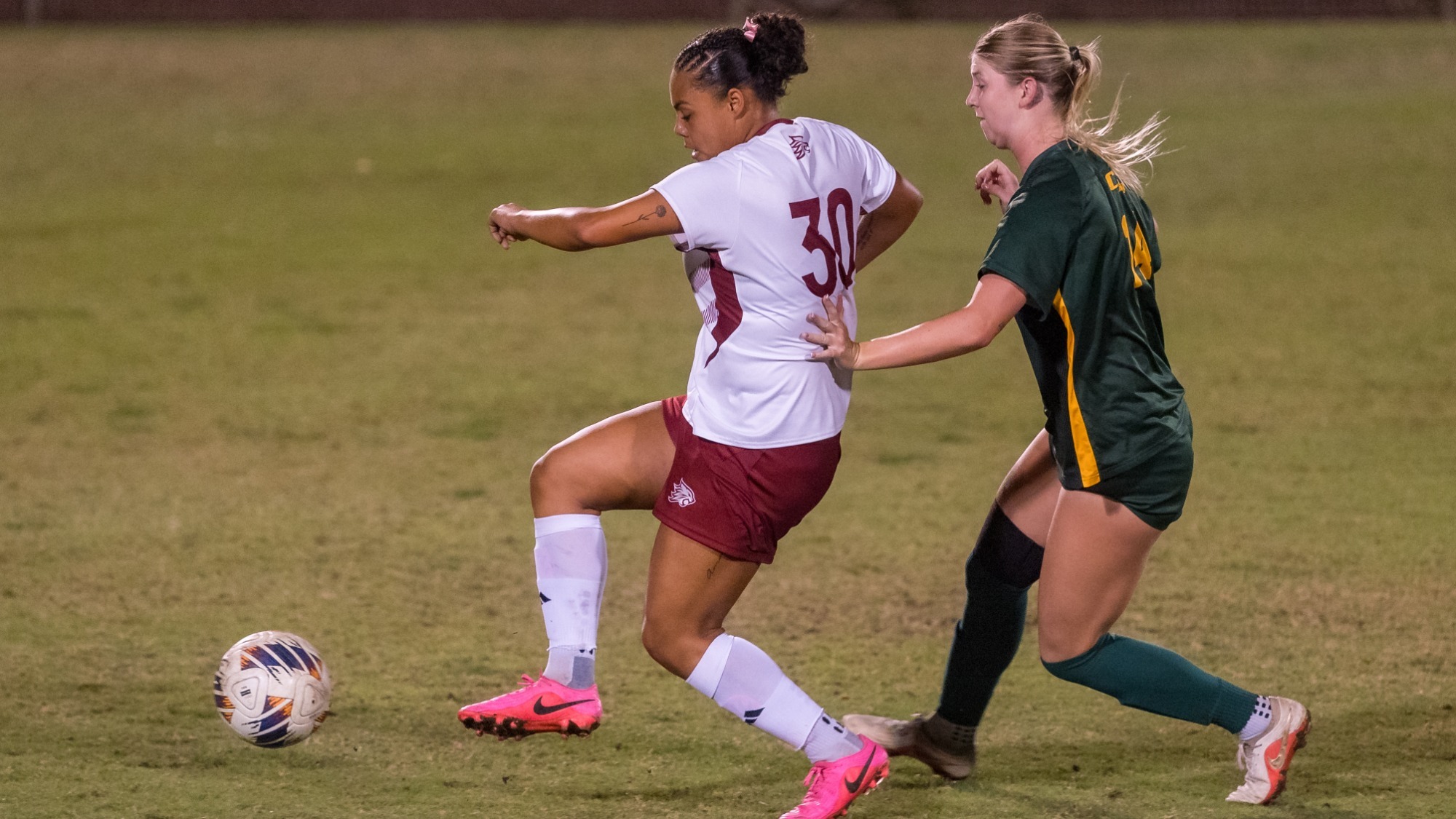 Chico State Wildcats’ #30 Makayla Cruz-Martinez (left) plays against Cal Poly Pomona Broncos’ #14 Holly Wilbanks (right) in the first half of their Women's Soccer (WSOC) game on Friday, October 2, 2026 in Chico, Calif.(Jason Halley/University Photographer/Chico State)