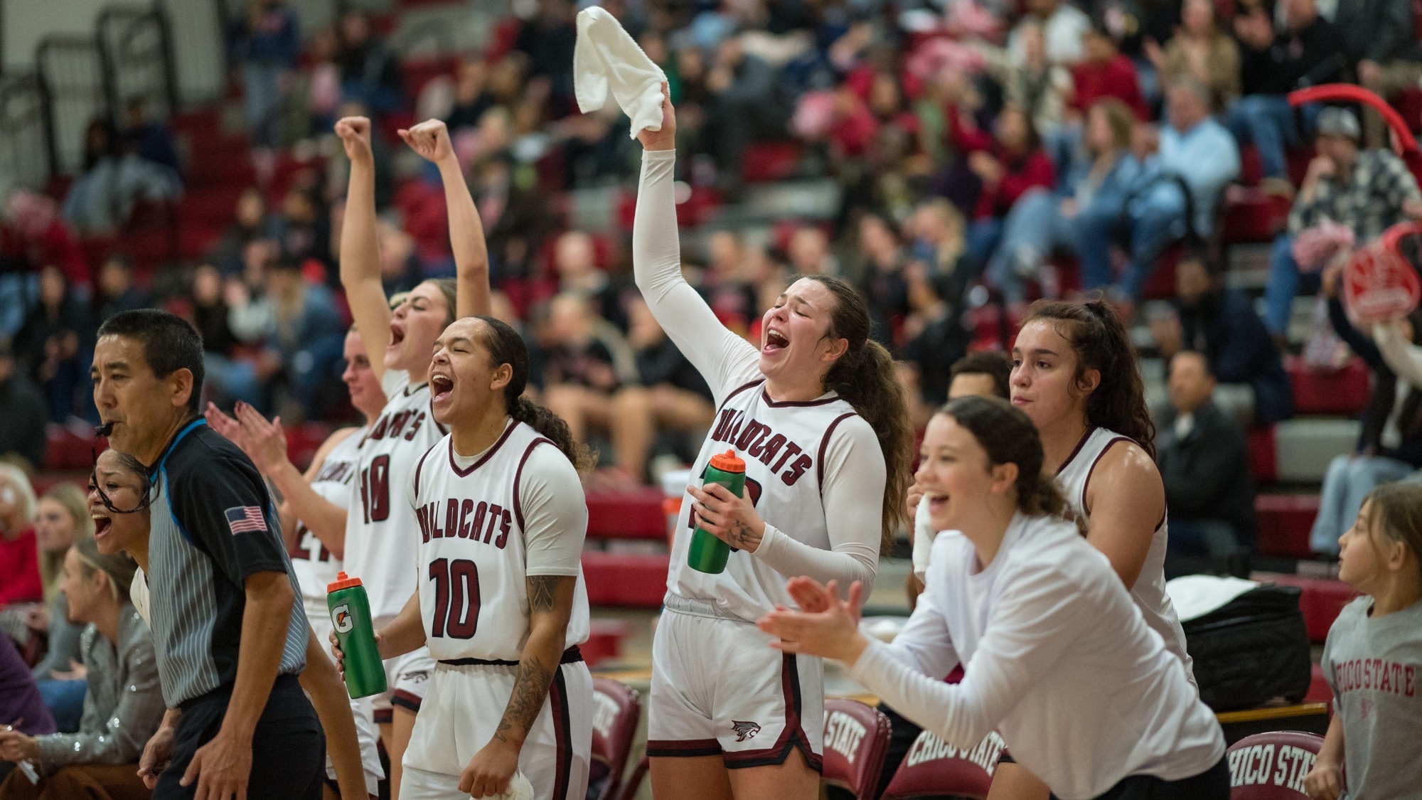 Chico State Wildcats’ #10 Jiana Creswell (left), #30 Meadow Aragon (right) reacts to a score against UC Merced Bobcats in the fourth quarter of their Women's Basketball (WBB) game on Thursday, December 4, 2025 in Chico, Calif.(Jason Halley/University Photographer/Chico State)