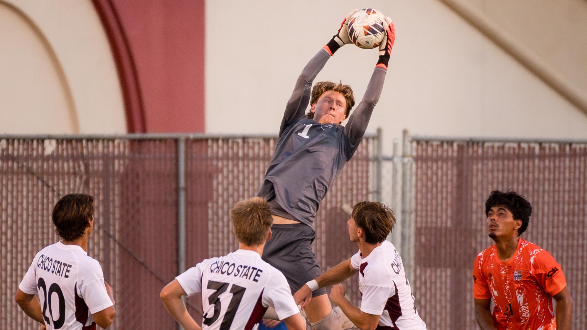 Chico State Wildcats’ #1 Nickolas Molina plays against Cosumnes River College Hawks in the first half of their Men's Soccer (MSOC) scrimmage game on Wednesday, August 19, 2026 in Chico, Calif.(Jason Halley/University Photographer/Chico State)