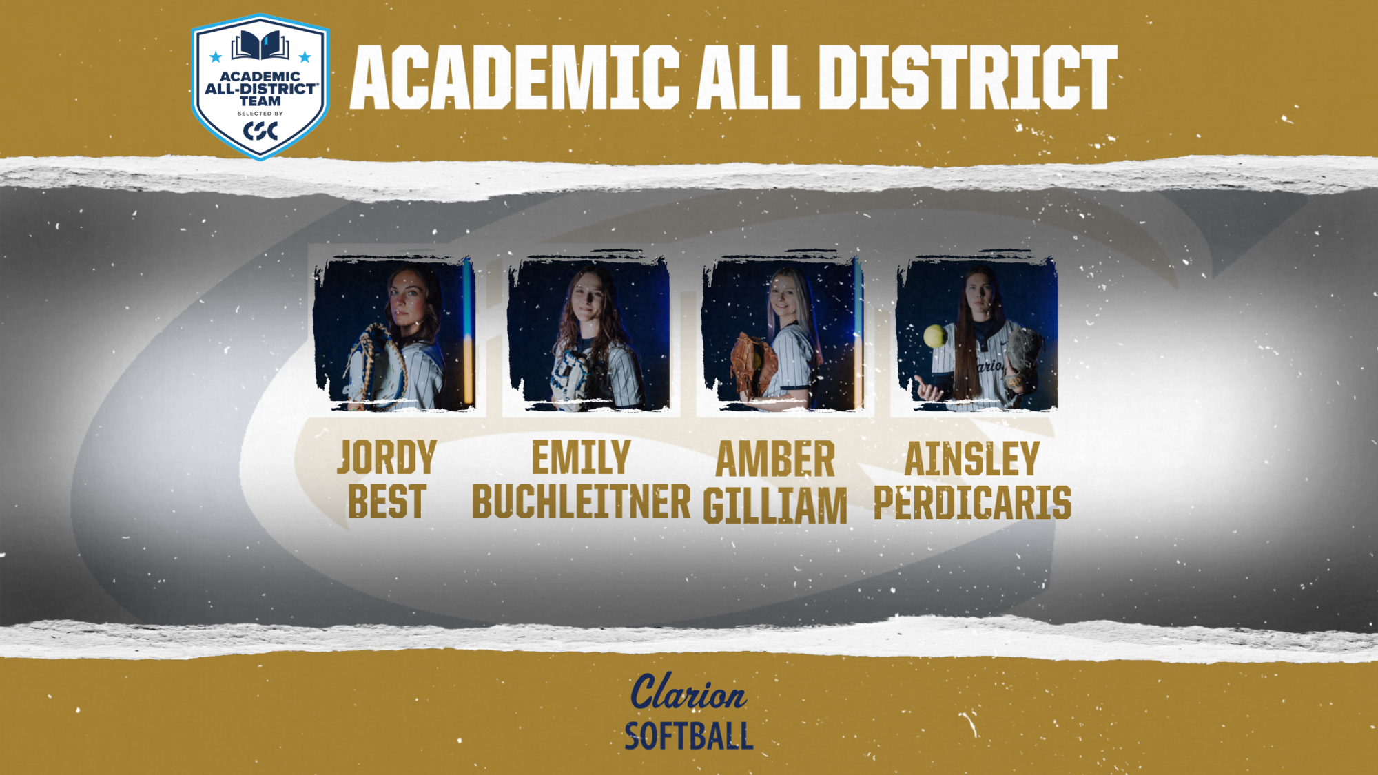 2026 softball academic all district honorees jordy best, emily buchleitner, amber gilliam, ainsley perdicaris