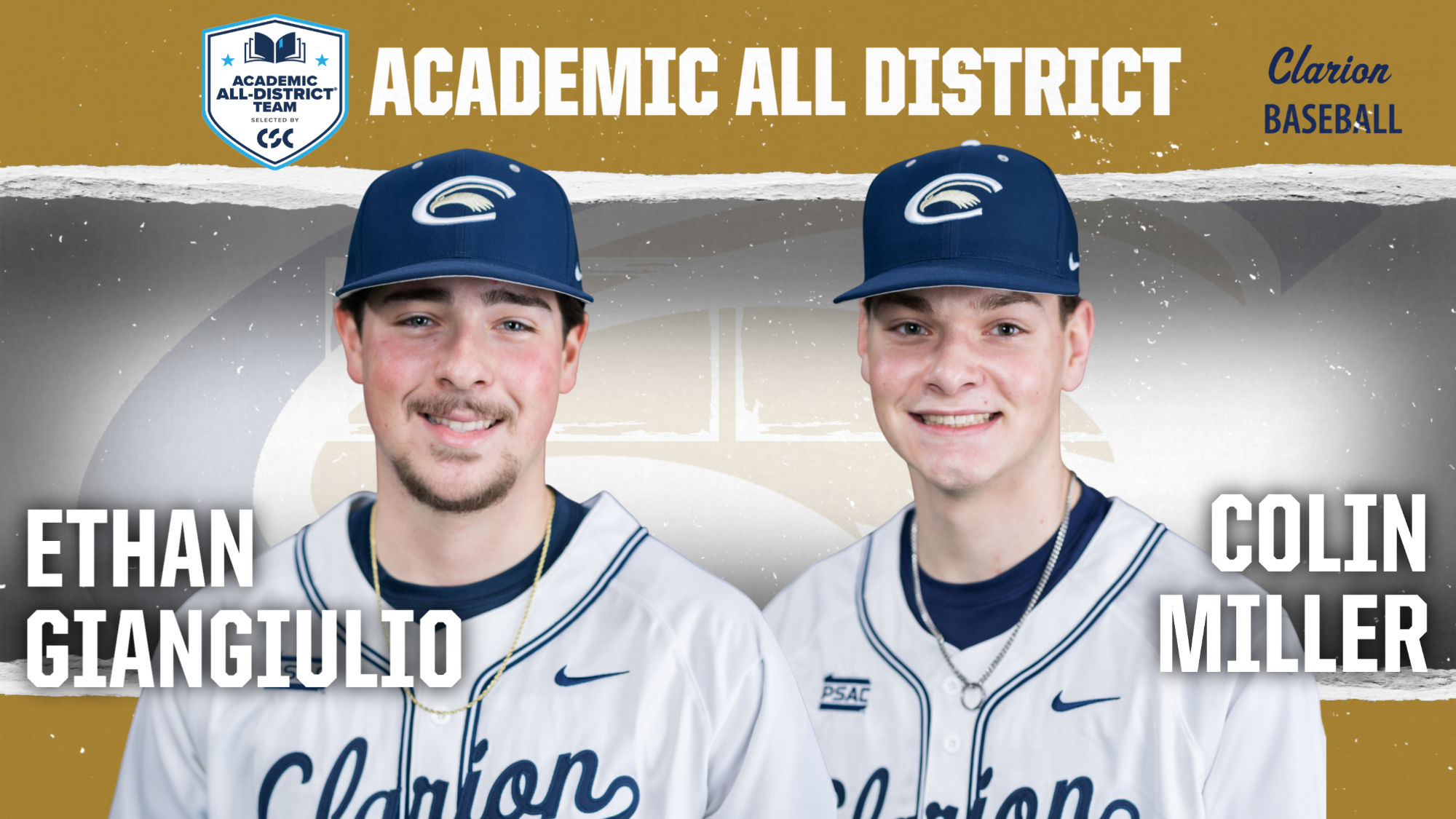 Academic All District Baseball graphic with photos of Ethan Giangiulio and Colin Miller