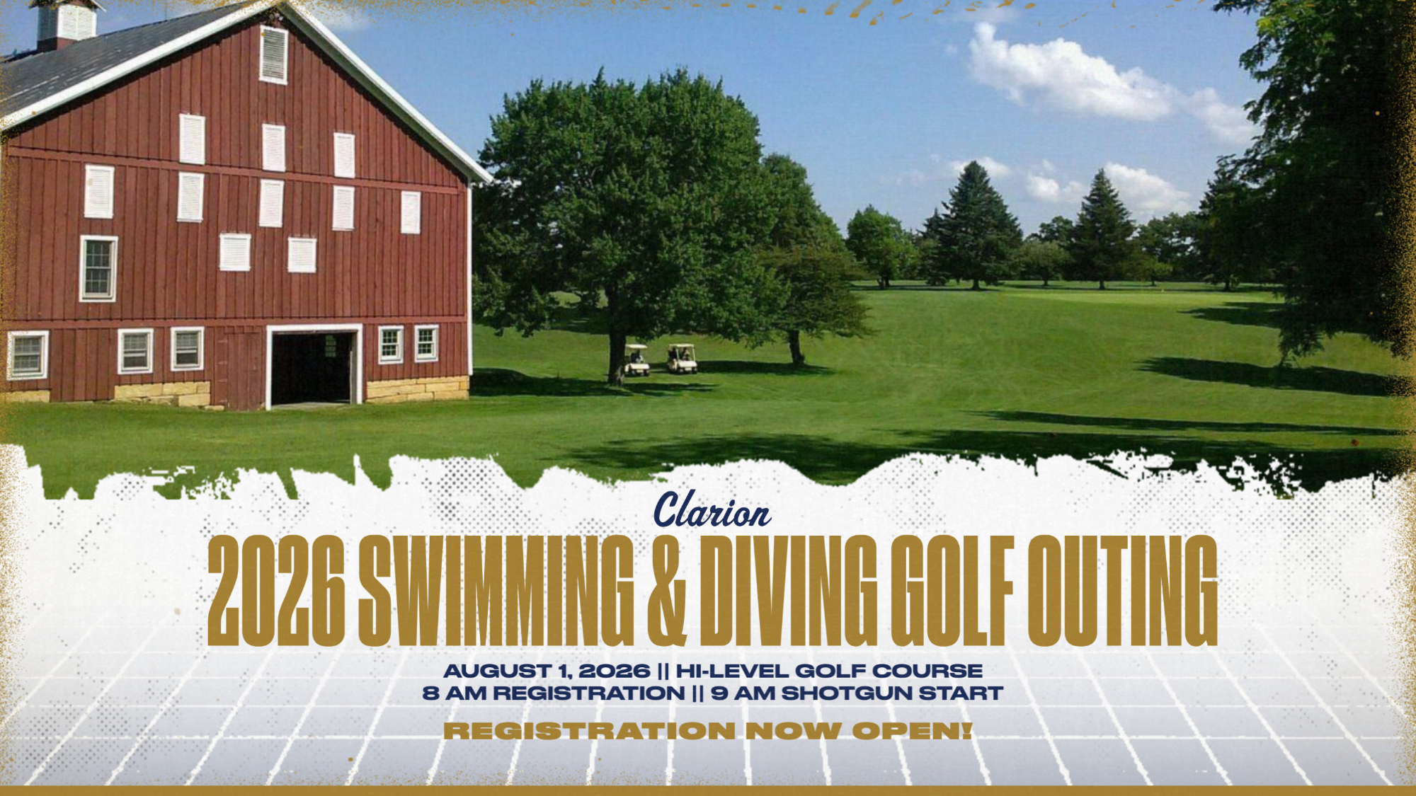 image advertising the 2026 swimming and diving golf outing on August 1 at hi level golf course starting at 9 am