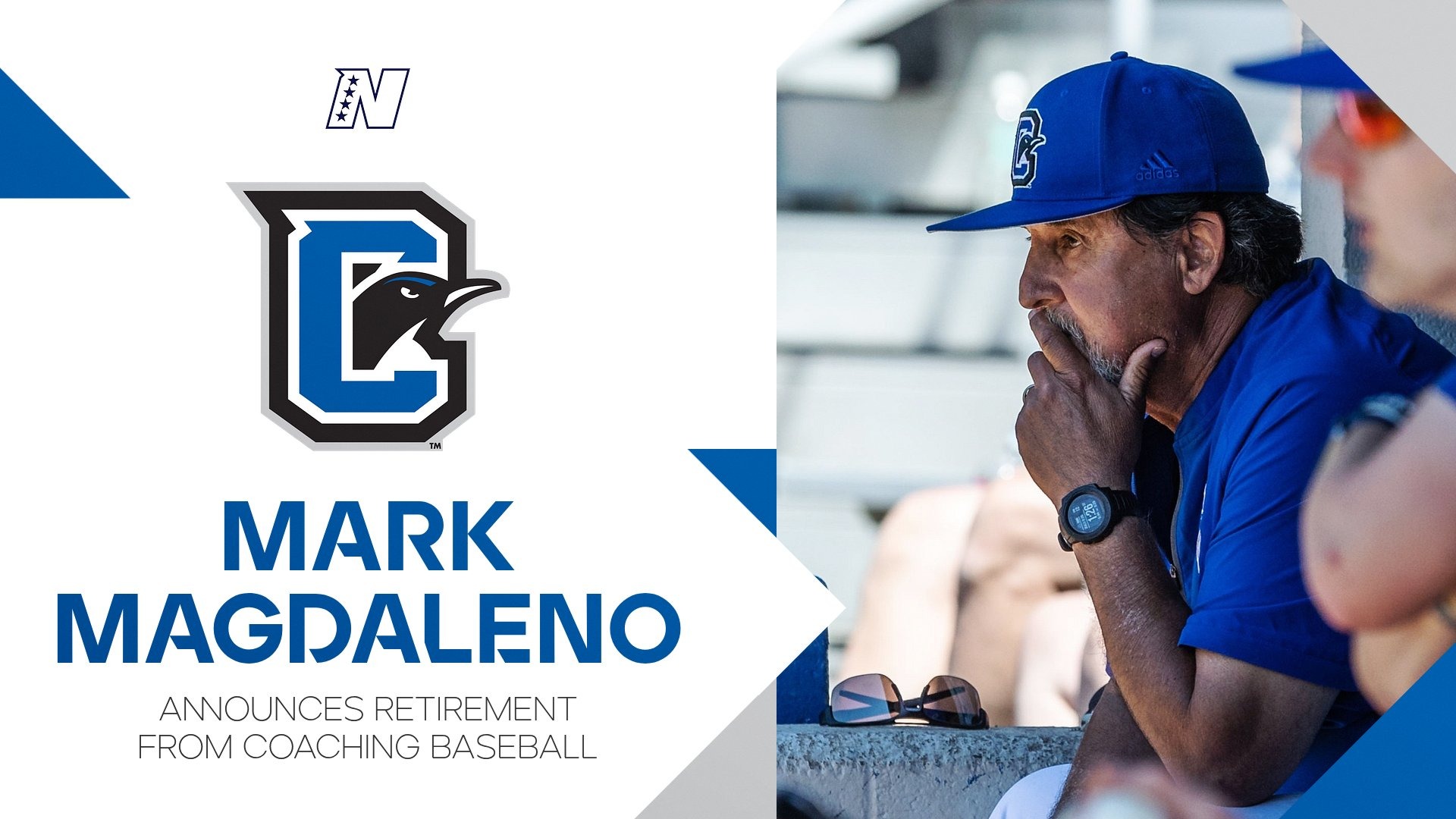 Mark Magdaleno pictured in the dugout next to the announcement that he is retiring from coaching baseball