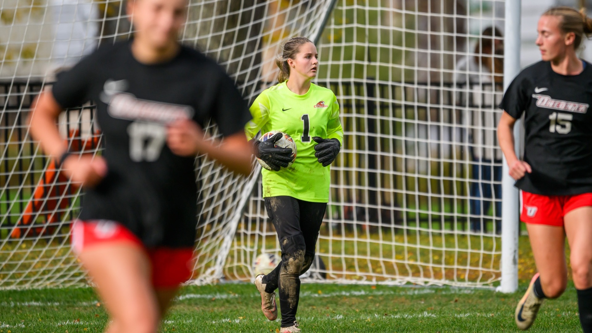 Cobleskill womens soccer keeper Sammy Fausti with the ball vs Oneonta