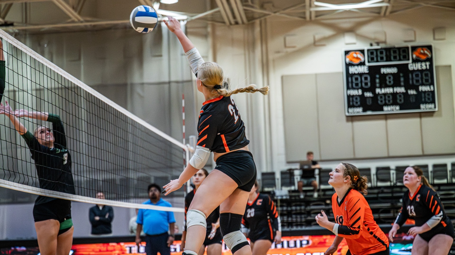 Cobleskill women's volleyball Emma Hinze going for the kill against Sage
