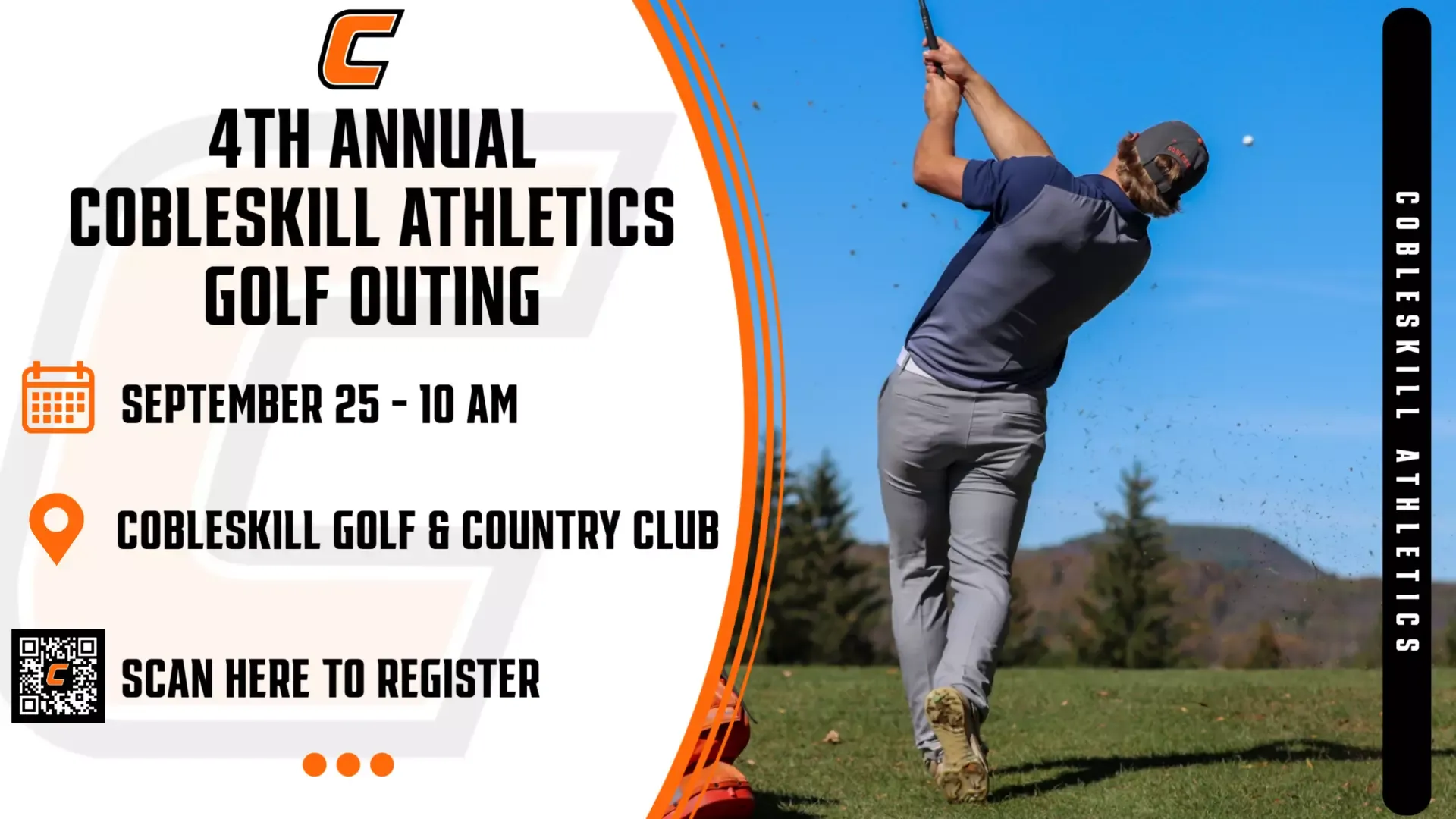 Graphic of 4th annual golf outing 2026 on September 25 with Cobleskill player hitting the ball 