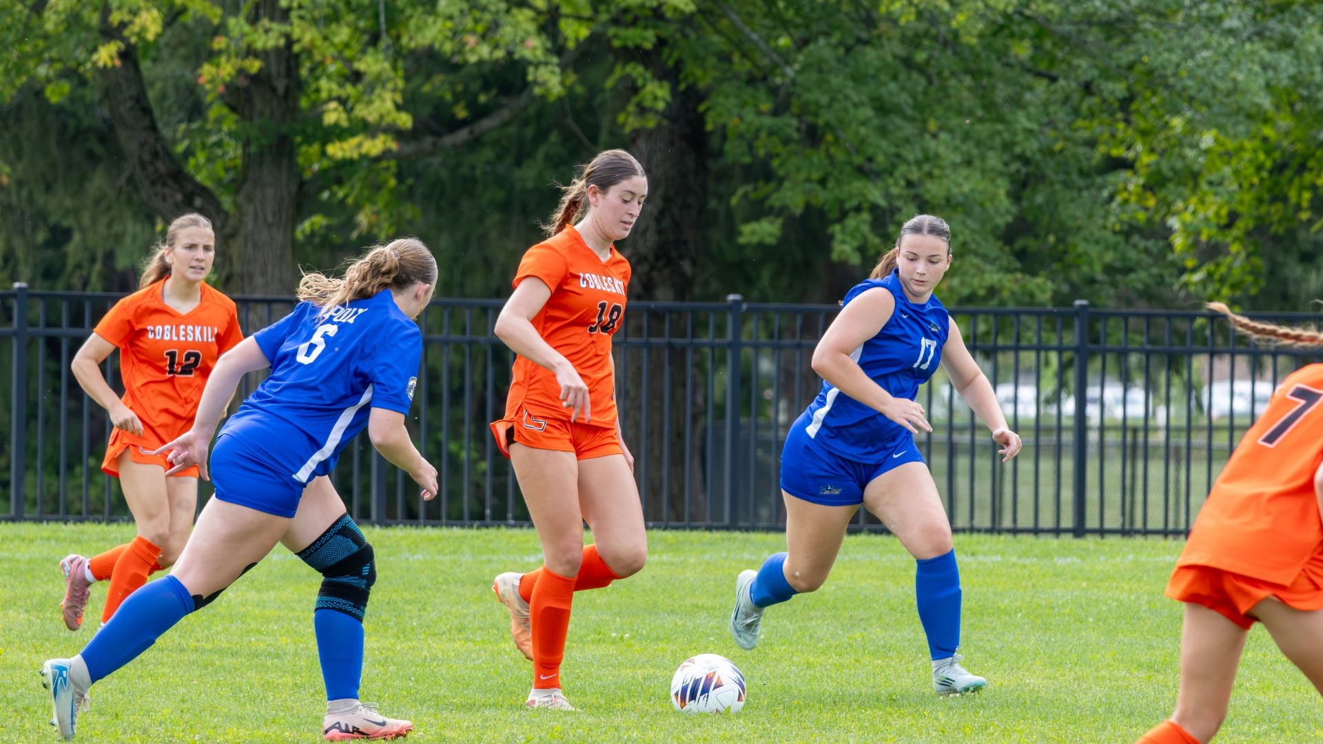 Cobleskill womens soccer Kayla Lobycz dribbling against SUNY Poly
