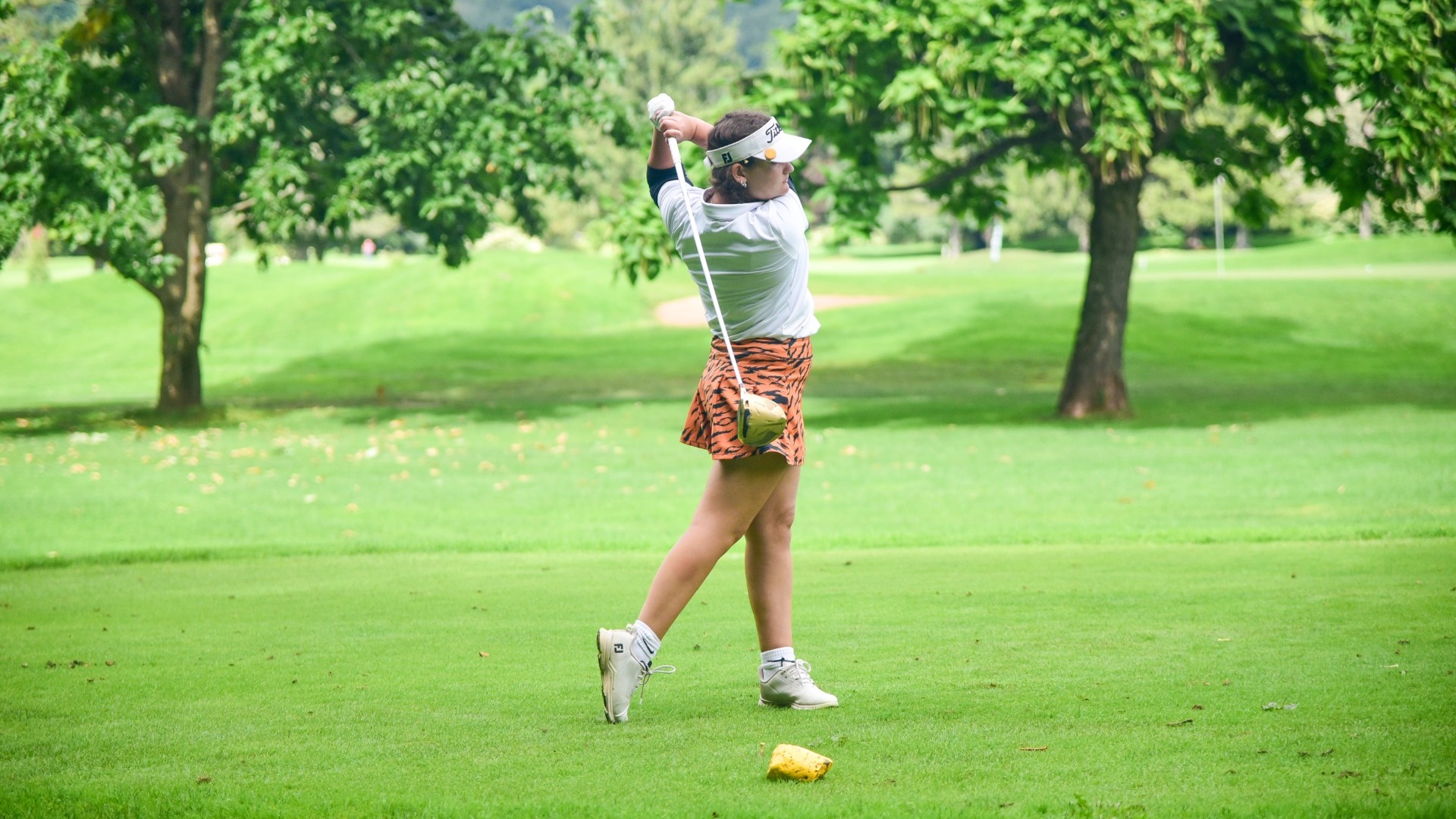 Cobleskill women's golfer Madison Paddock hitting her drive at Delhi