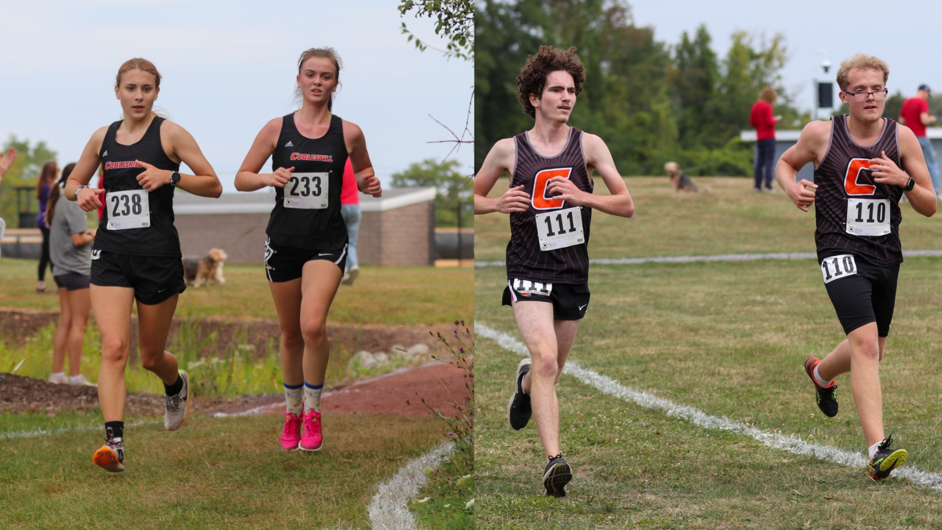 Cobleskill women's country runners Molly Repicky and Madison Binette running together and men's cross country runners Michael Jocz and David Kogan running together