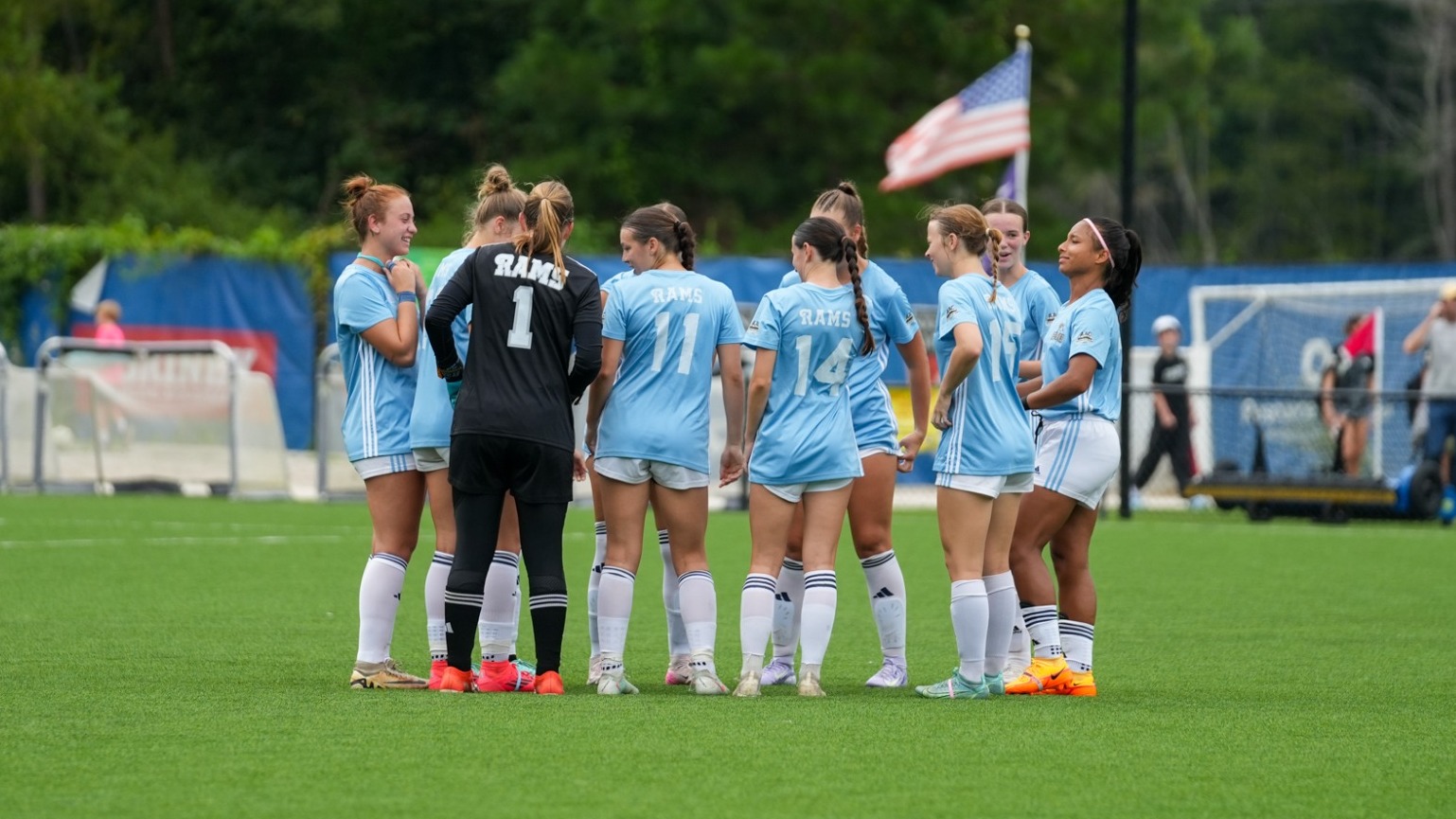CIU women's soccer huddles pregame 