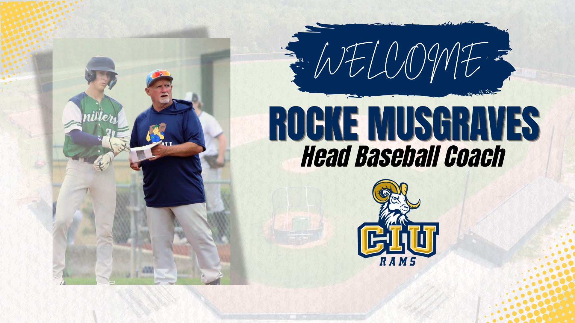 Graphic welcoming CIU baseball coach Rocke Musgraves