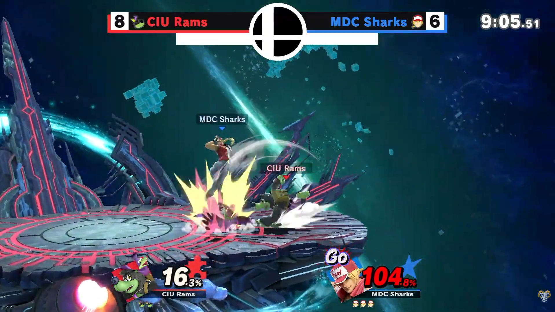 The image shows a Super Smash Bros. match on a futuristic space-themed stage, with CIU Rams leading MDC Sharks 8–6. The two fighters are engaged in a close-range attack near the right side of the platform, with bright impact effects surrounding them. The bottom displays the characters’ damage percentages: CIU Rams at 16.3% and MDC Sharks at 104.8%, while the match timer reads about 9:05. A large Smash Bros. logo appears at the top center, and the game’s HUD includes player names, team colors, character icons, and remaining stock indicators.