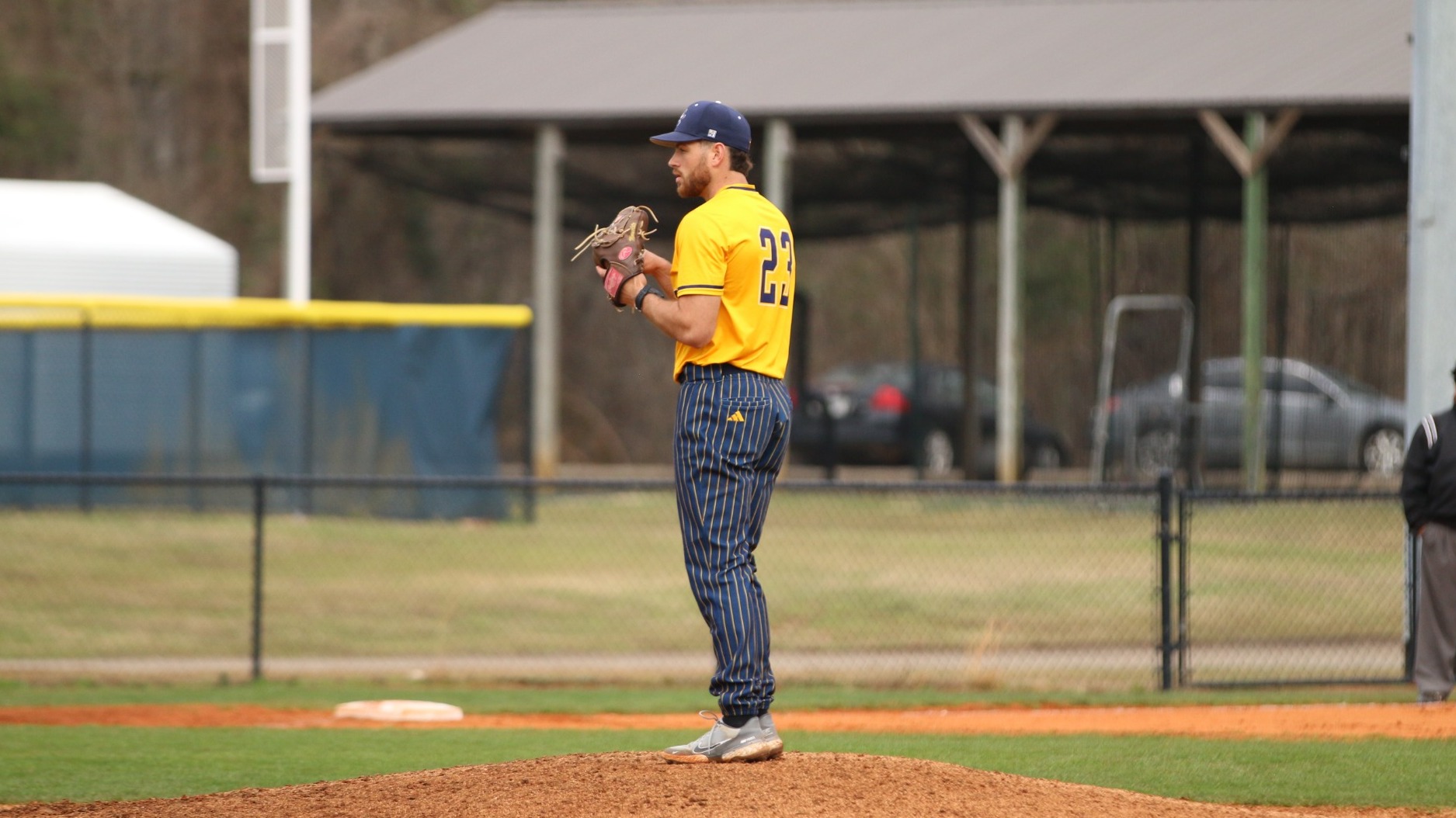 Manuel Geisel gets set on the mound before he pitches 