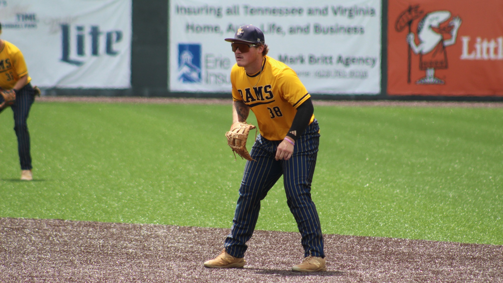 Corbin Wright stands in defensive position for CIU baseball 