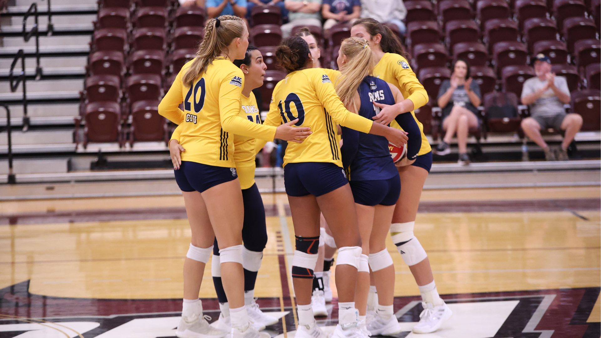 Women's Volleyball huddles versus Fisk