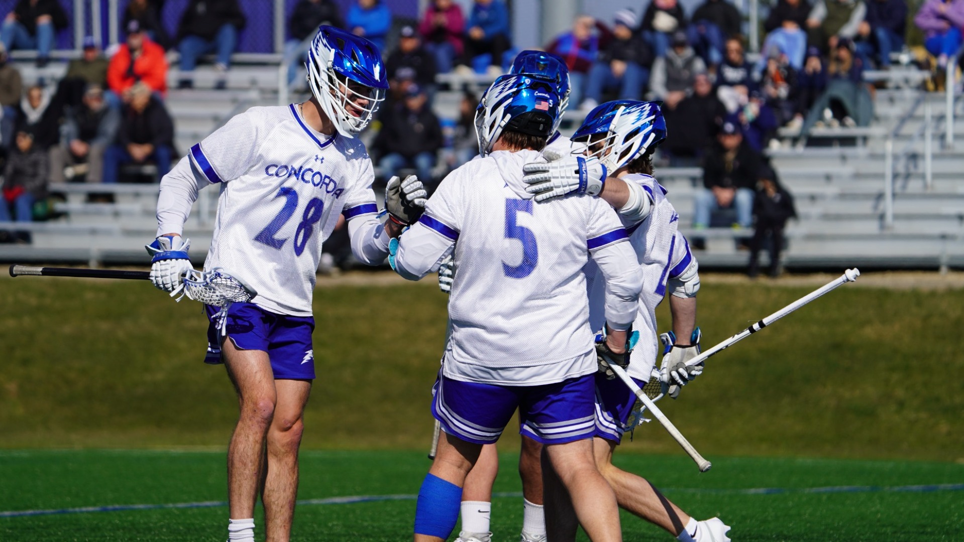 CUW Men's Lacrosse celebrating a goal.