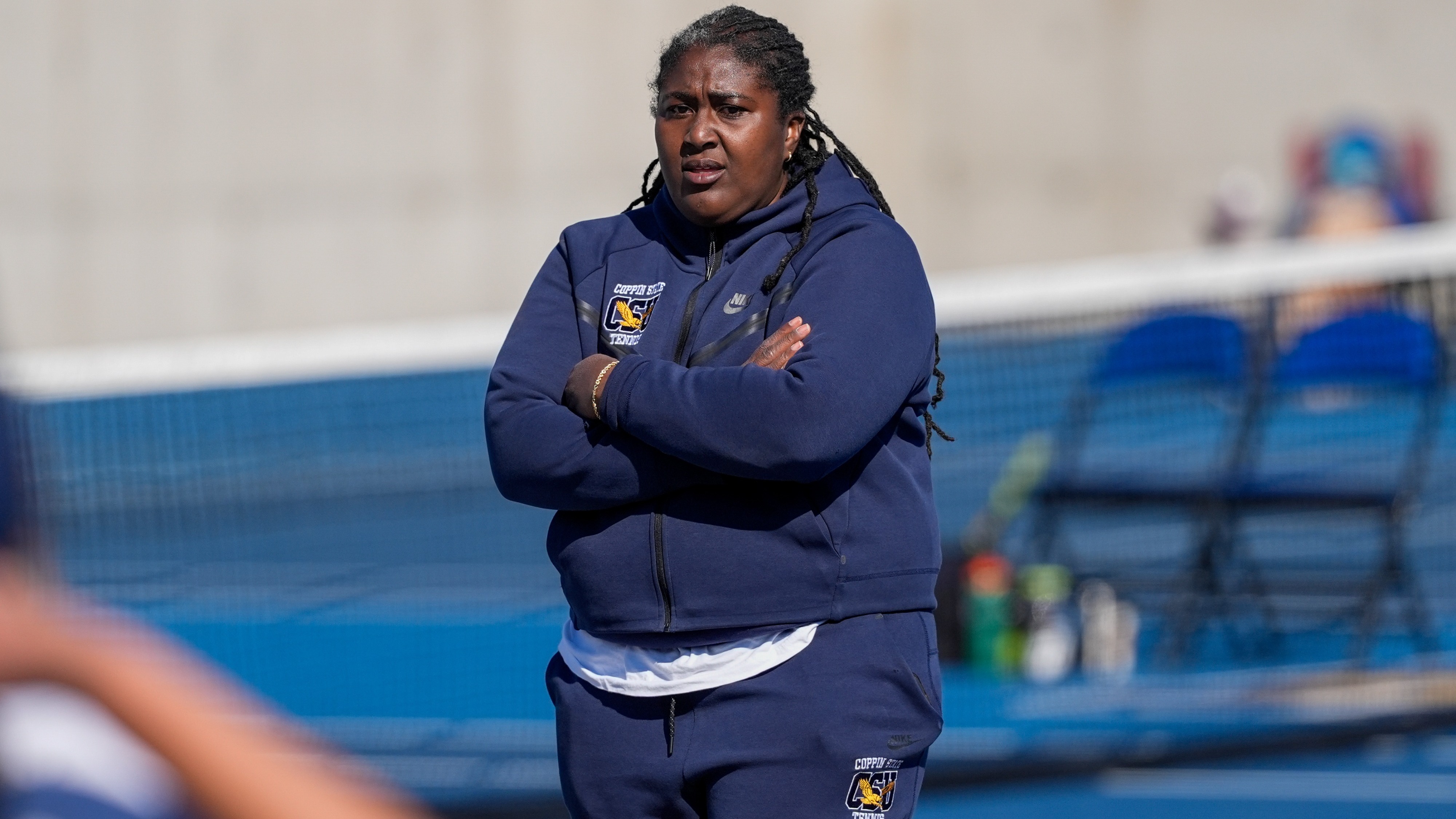 Head Coach Ebonye Jones looks on vs Wagner