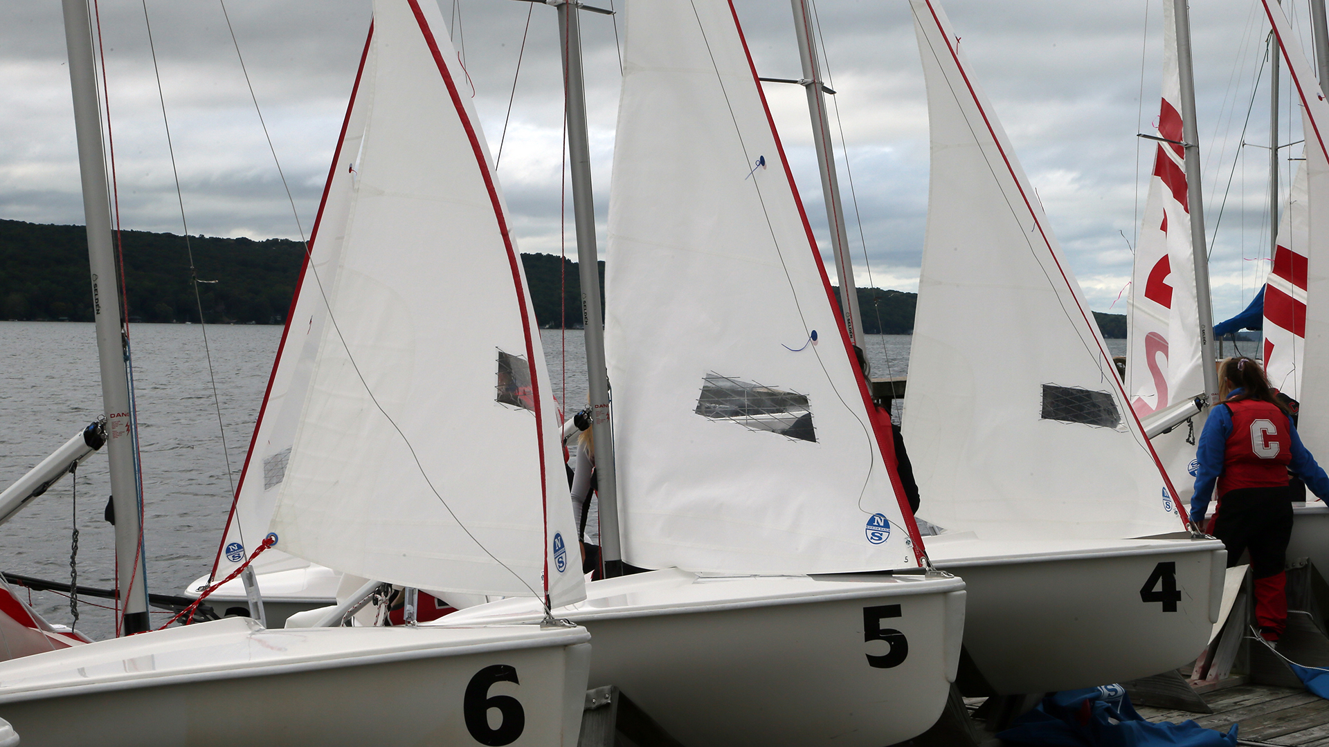 The Cornell Big Red sailing team practices on Cayuga Lake on September 25, 2018 in Ithaca, NY.