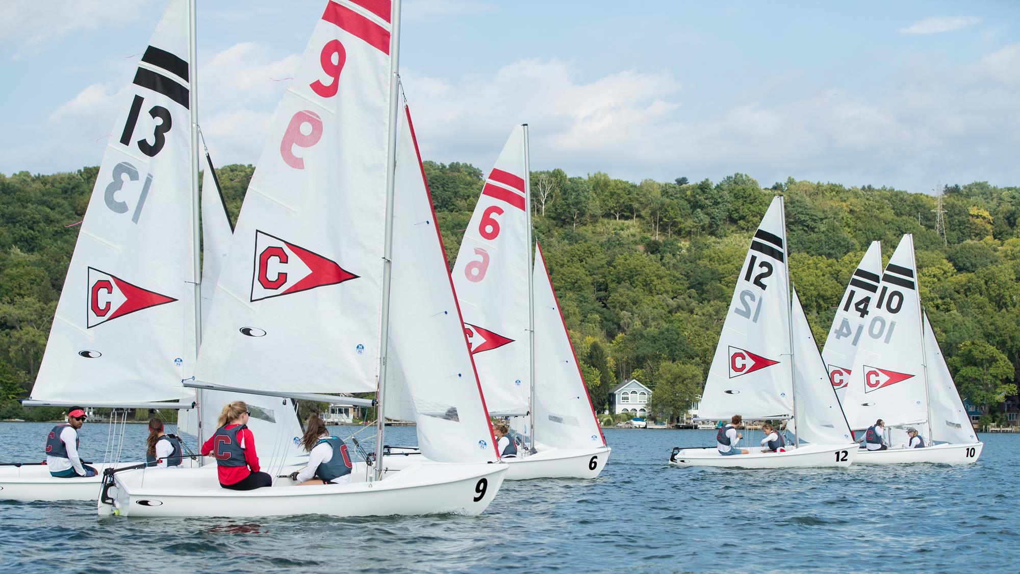 The Cornell Big Red sailing team practices on Sept. 10, 2019 on Cayuga Lake in Ithaca, NY.