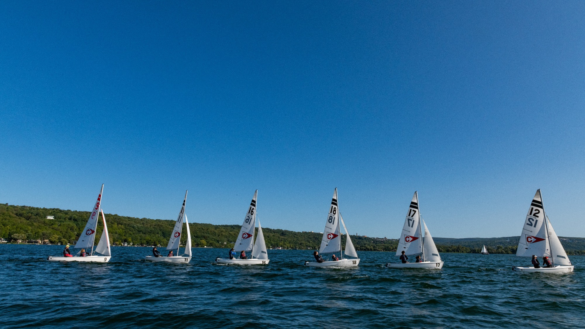 The Cornell Big Red women’s sailing team practices on Thursday, Sept. 15, 2022 on Cayuga Lake in Ithaca, NY.