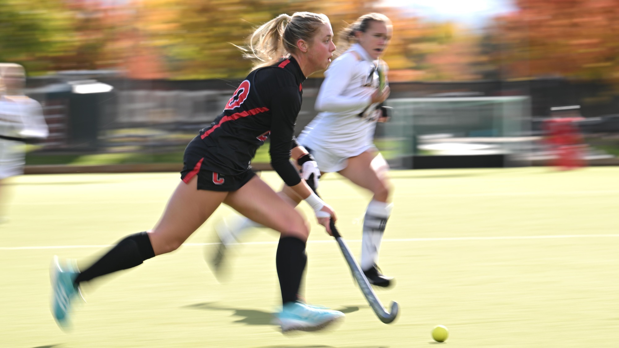 Julia Ramsey of the Cornell field hockey team dribbles up the field during the Big Red's 1-0 win over La Salle in 2024 on Dodson Field in Ithaca, NY