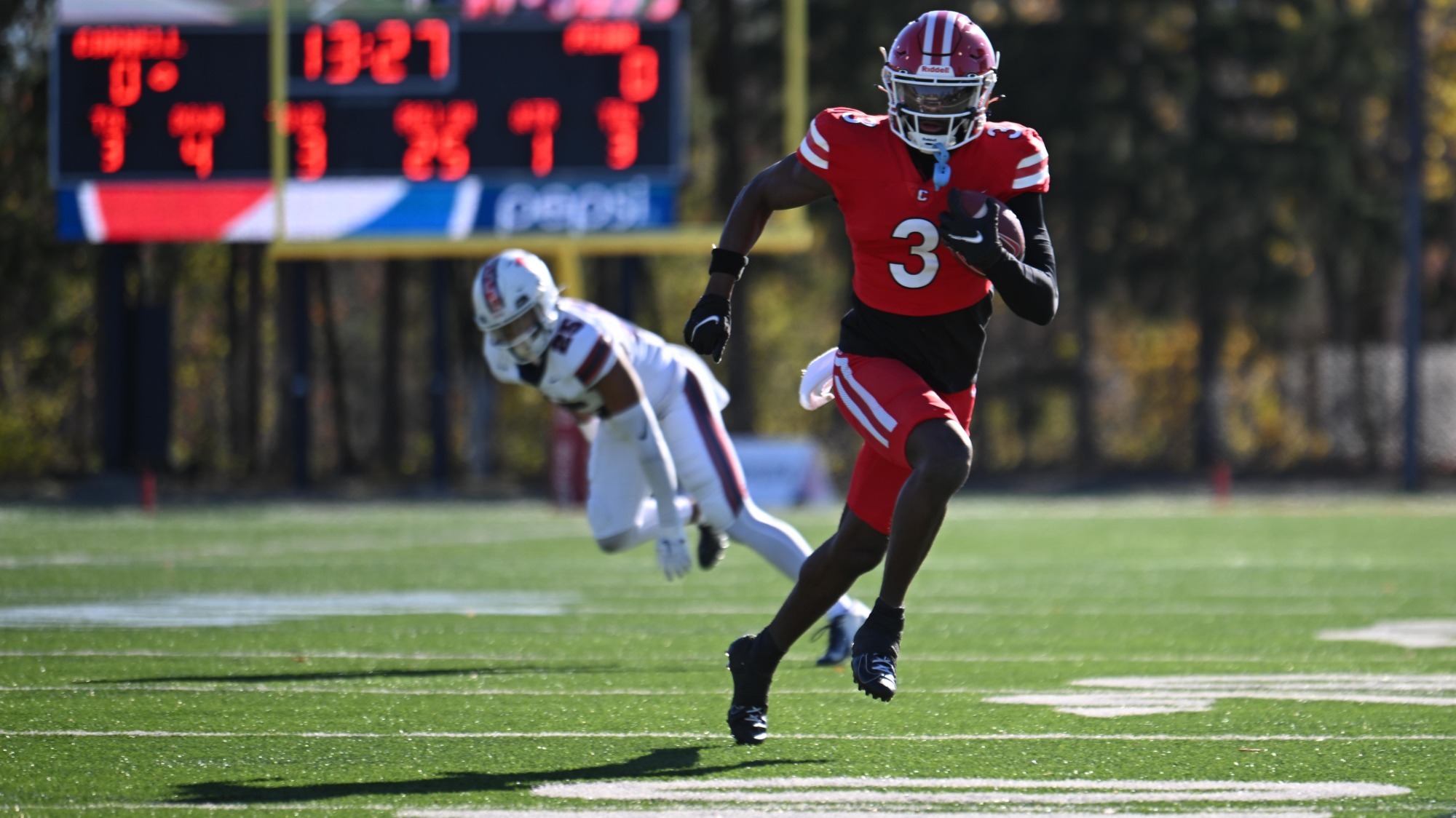Samuel Musungu catches one of his 14 passes in Cornell football's 67-49 loss to Penn on Nov. 9, 2024 at Schoellkopf Field in Ithaca, N.Y.