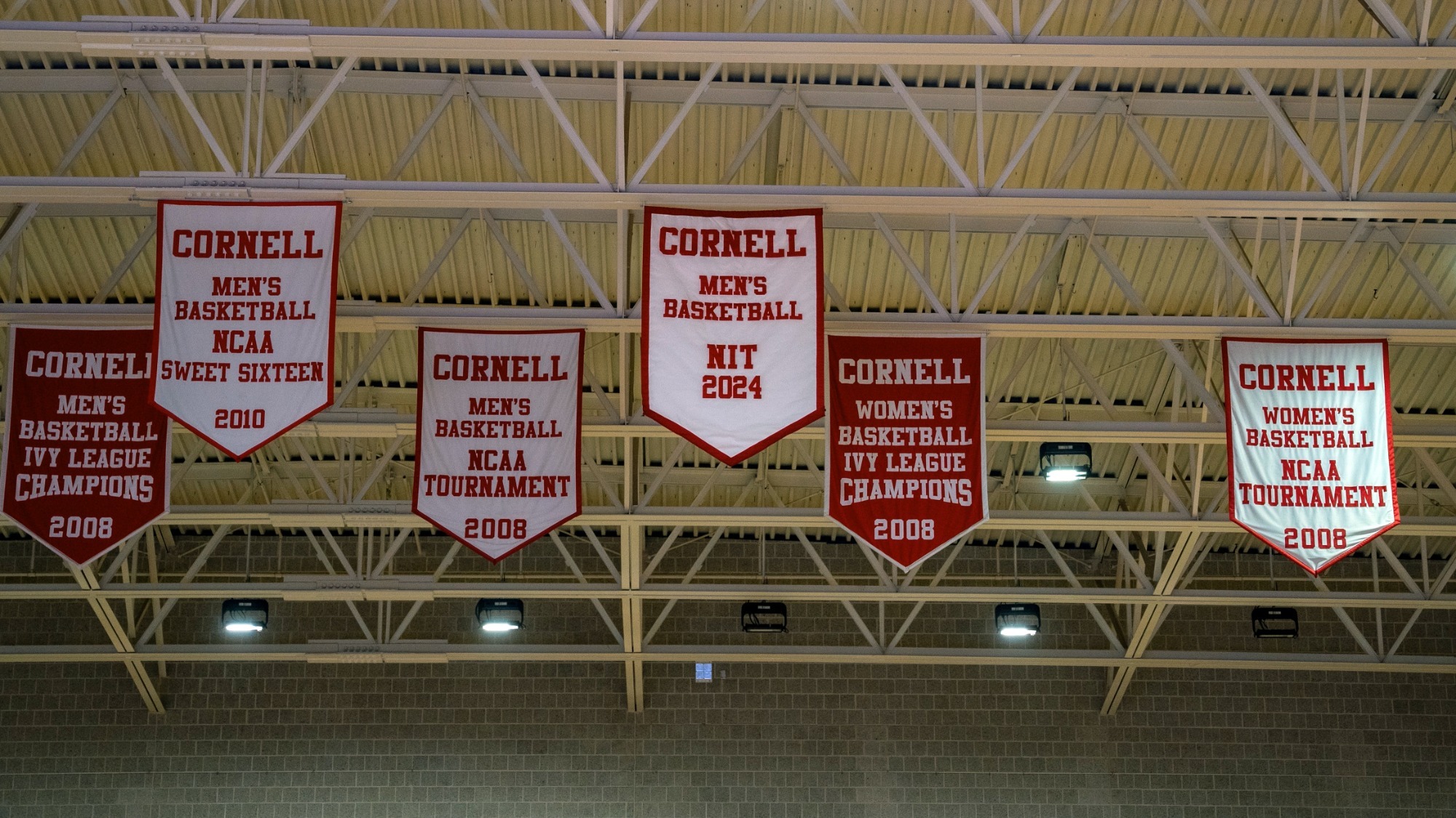 Cornell unveiled its NIT banner prior to its 88-86 win over Sanford on Friday, Nov. 8, 2024 at Newman Arena in Ithaca, N.Y.