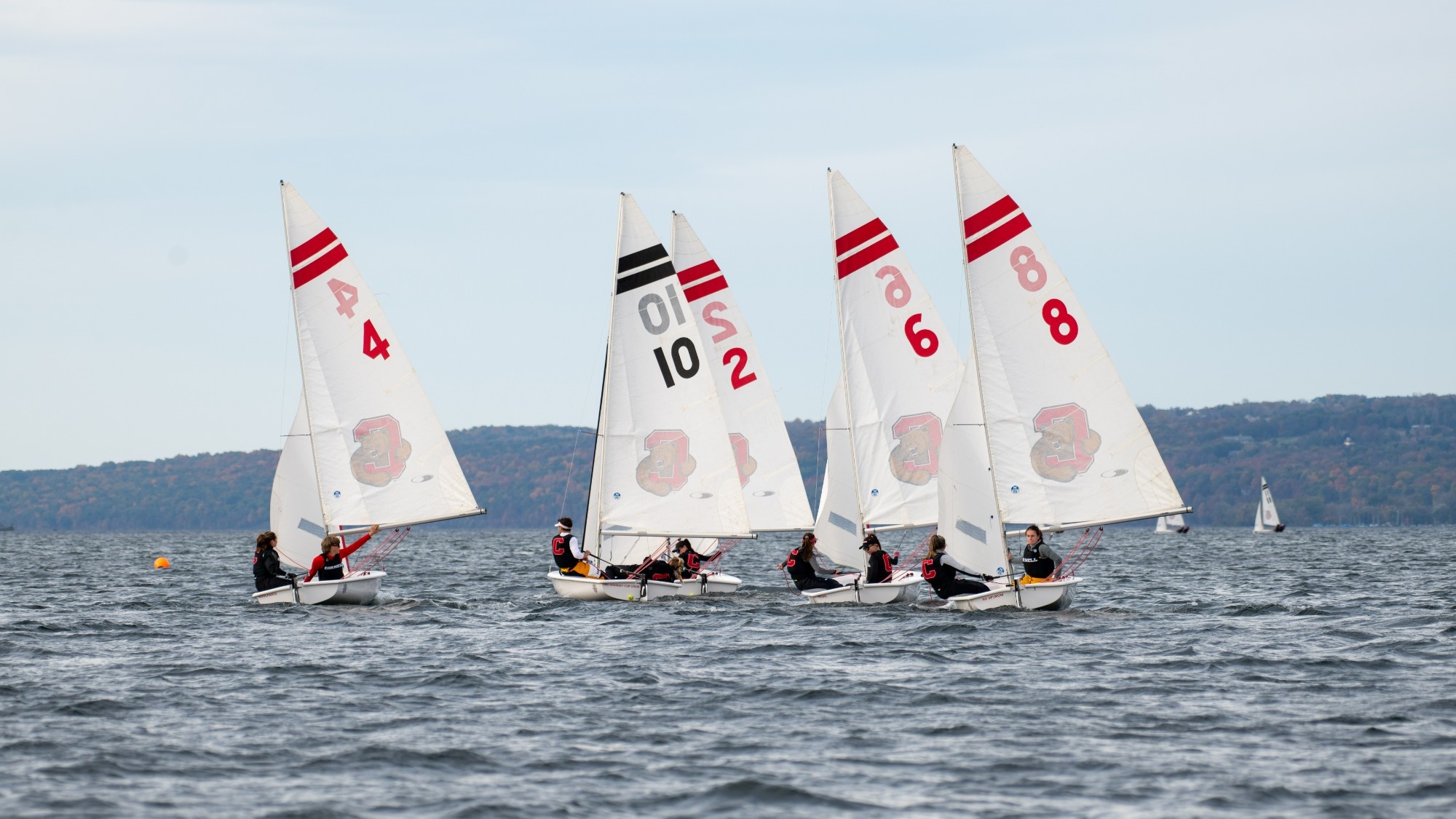 The Cornell Sailing team practices on the waters of Lake Cayuga on Thursday, October 19, 2023.