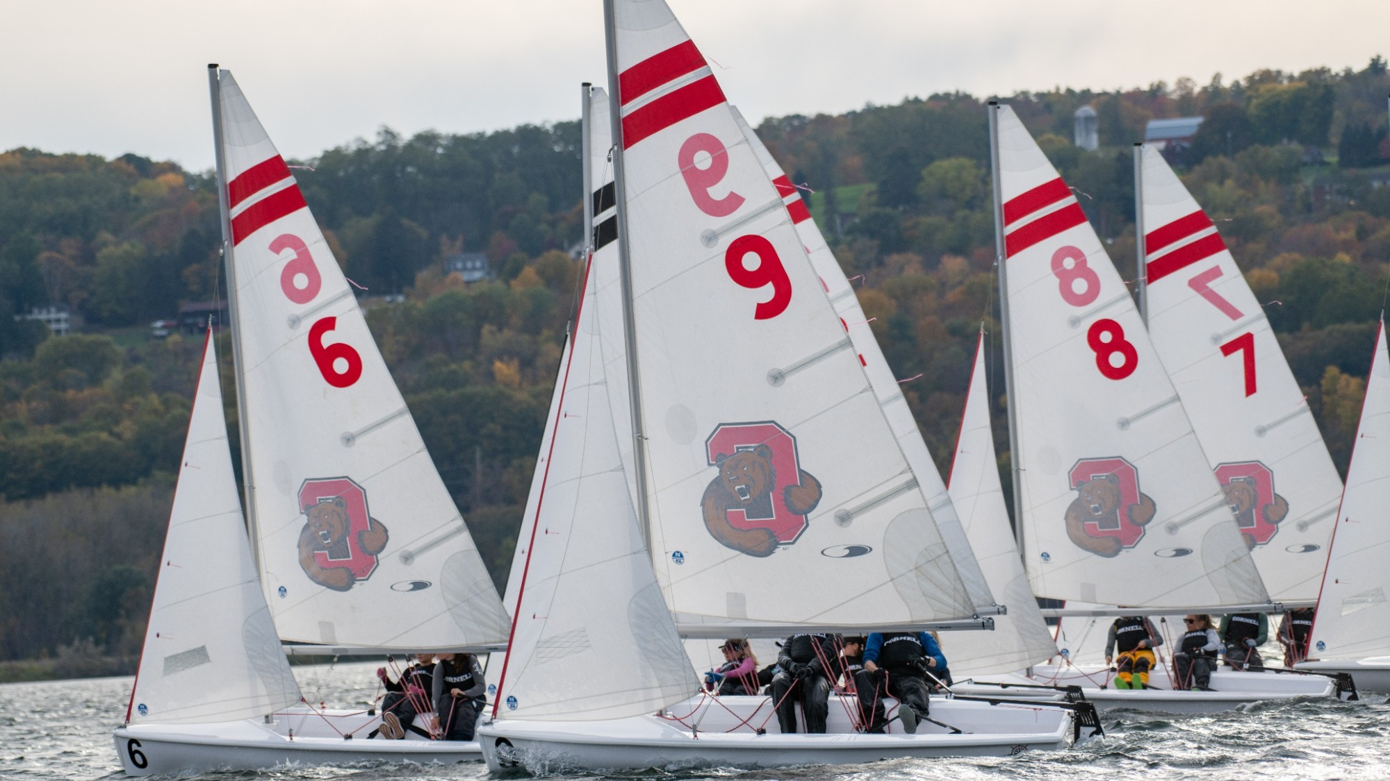 The Cornell Sailing team practices on the waters of Lake Cayuga on Thursday, October 19, 2023.