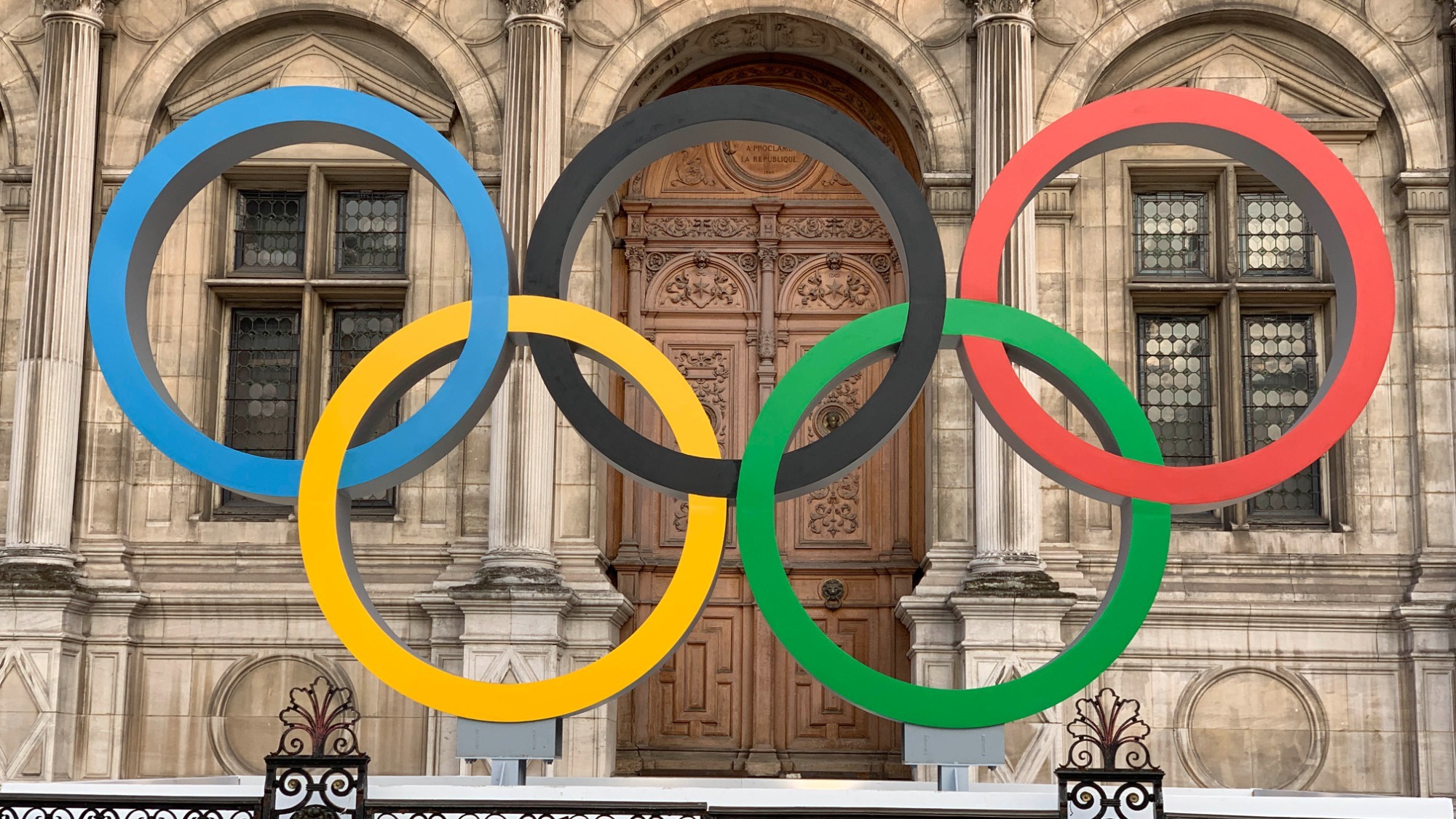 The Olympic Rings at the Anneaux Olympiques Place Hôtel Ville Esplanade Libération in France.