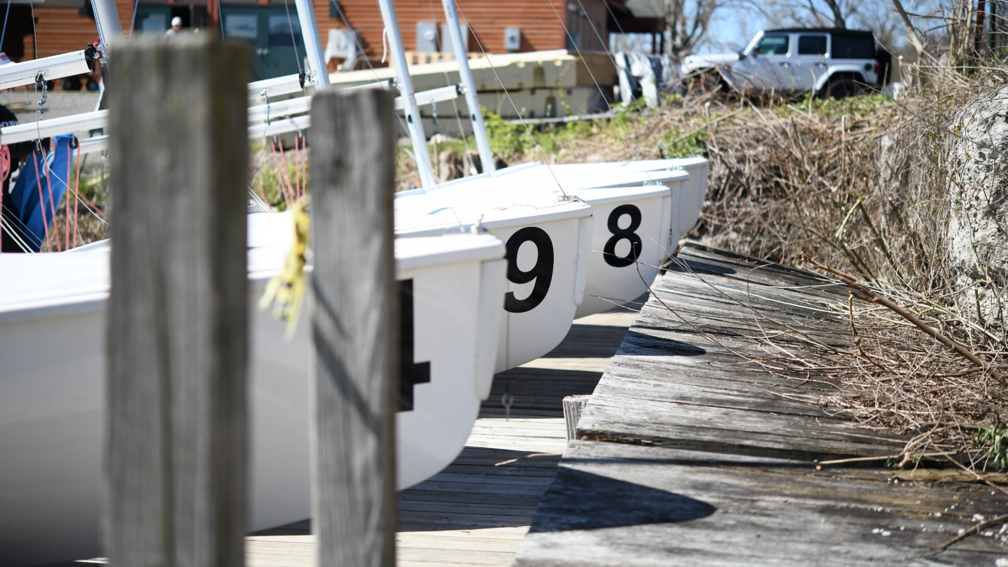 Boats await the Cornell Sailing team to take them out on the water.