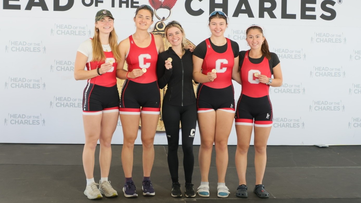 Members of the Cornell women's rowing 4+ at the 2025 Head of the Charles in Boston, Mass., pose with their bronze medals on Oct. 18, 2025.