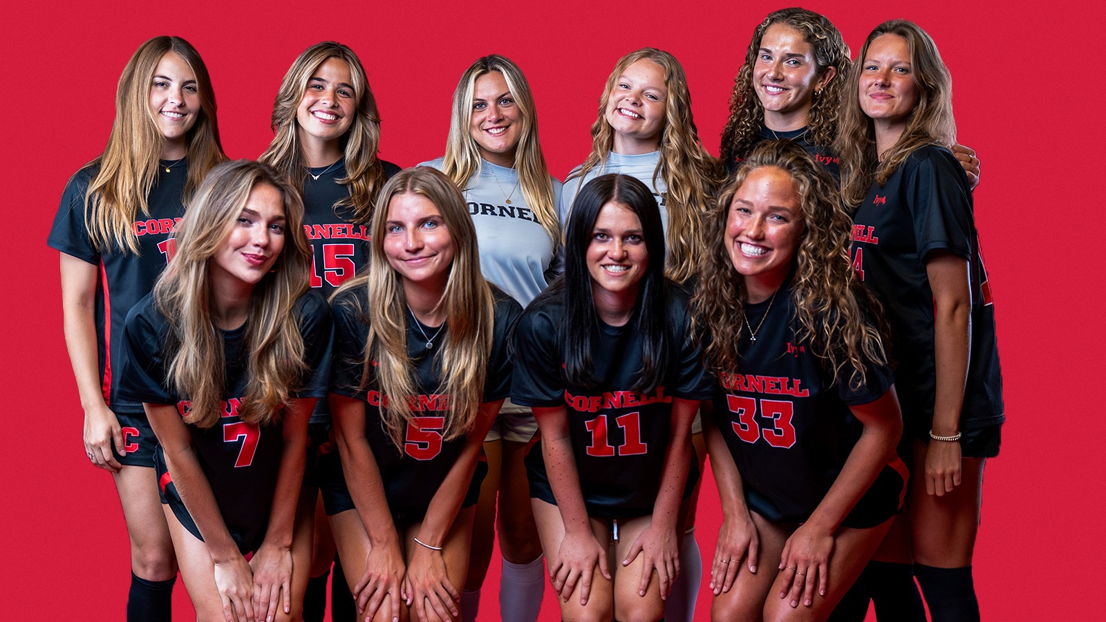 Members of the 2025 Cornell women's soccer senior class pose for a photo during media day.