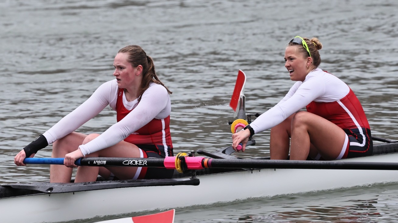 Chloe Darcy and Fabia Emblem row during race action against Boston University on March 29, 2025, on the Cayuga Inlet in Ithaca, N.Y.