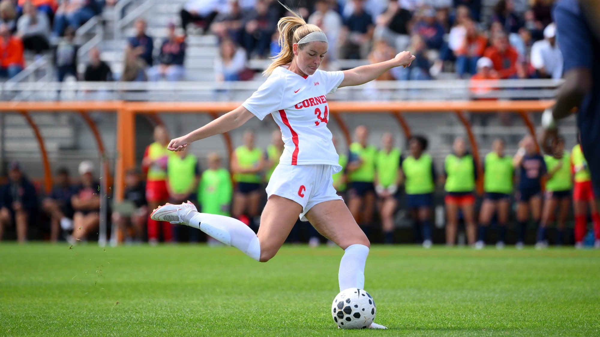 Cornell women's soccer junior forward Emily Gibbons goes to kick a ball against Syracuse on Sept. 7, 2025, at SU Soccer Stadium in Syracuse, N.Y.