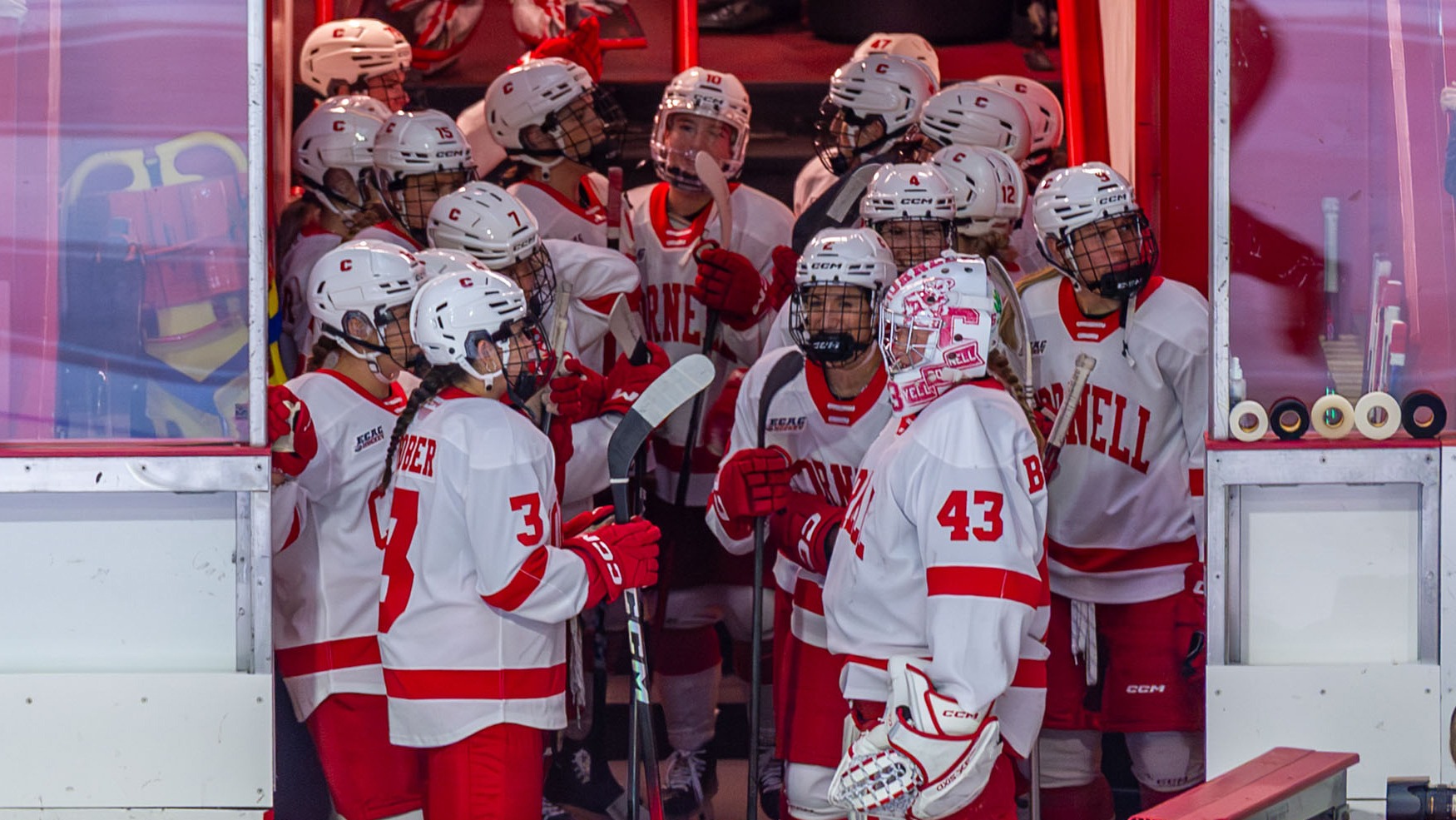 Women's ice hockey stands in the tunnel at Lynah Rink before taking the ice for pregame.